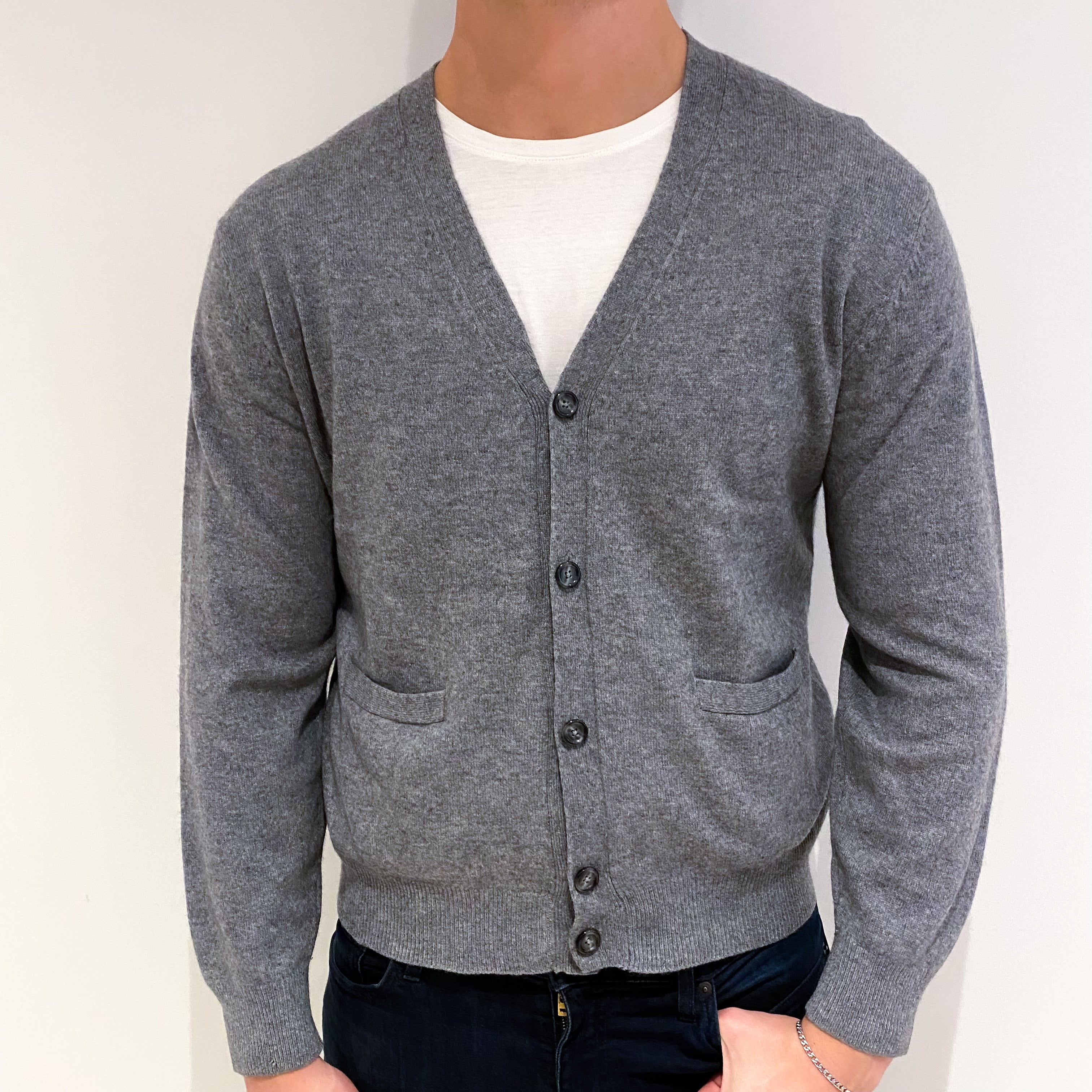 Men's Smoke Grey Cashmere V Neck Cardigan XL