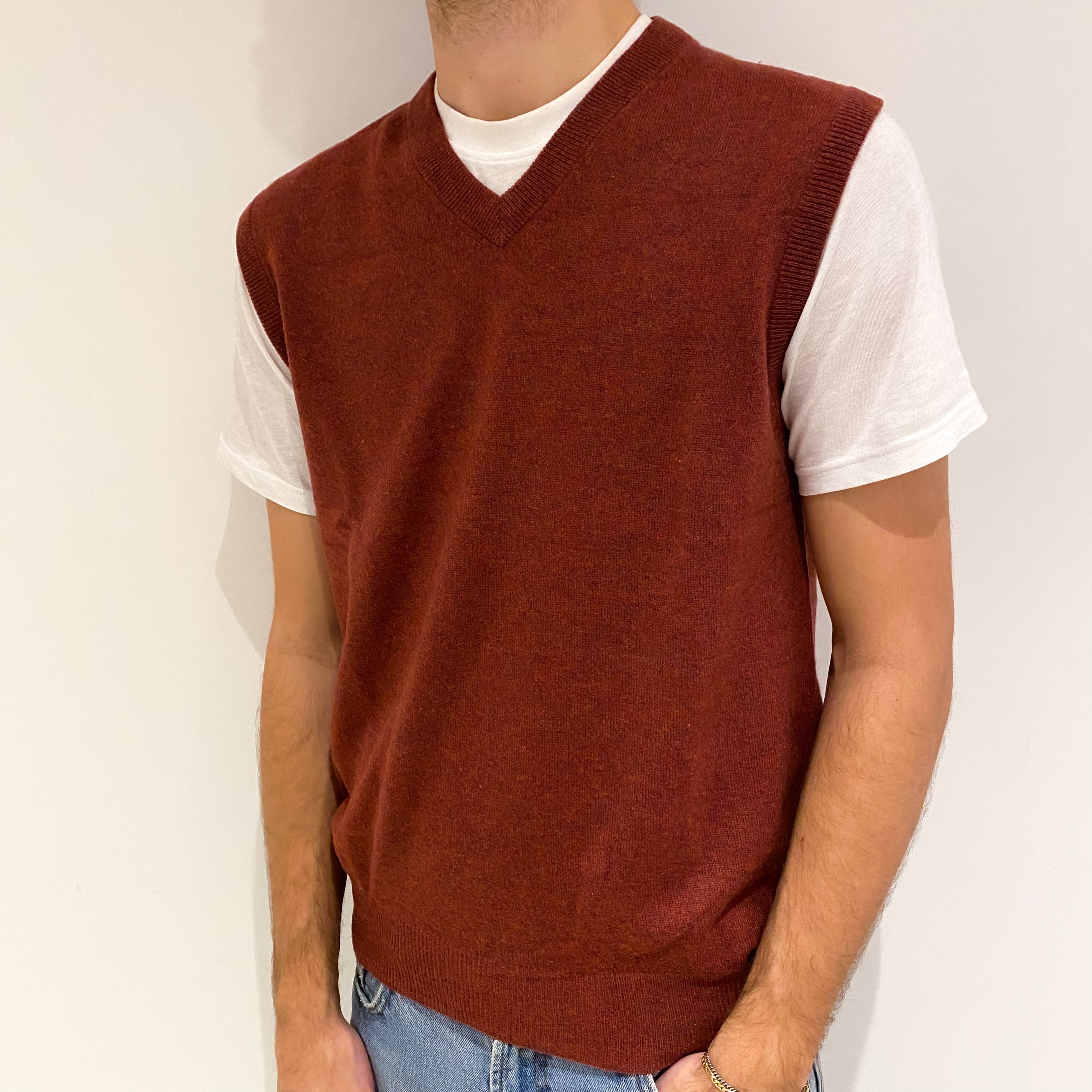 Men's Rust Red Cashmere V Neck Tank Top Large