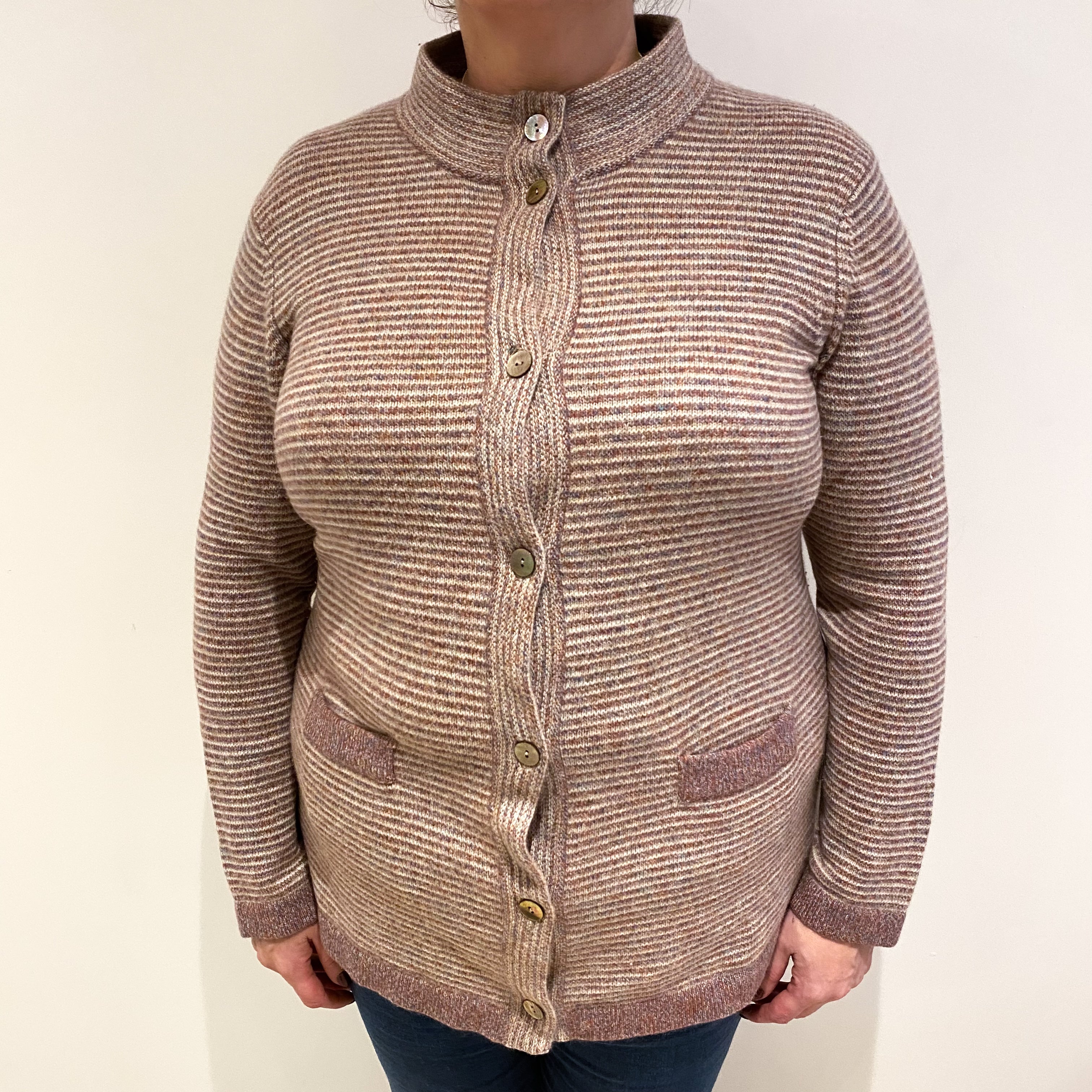 Sandy Beige Patterned Cashmere Turtle Neck Cardigan Extra Large