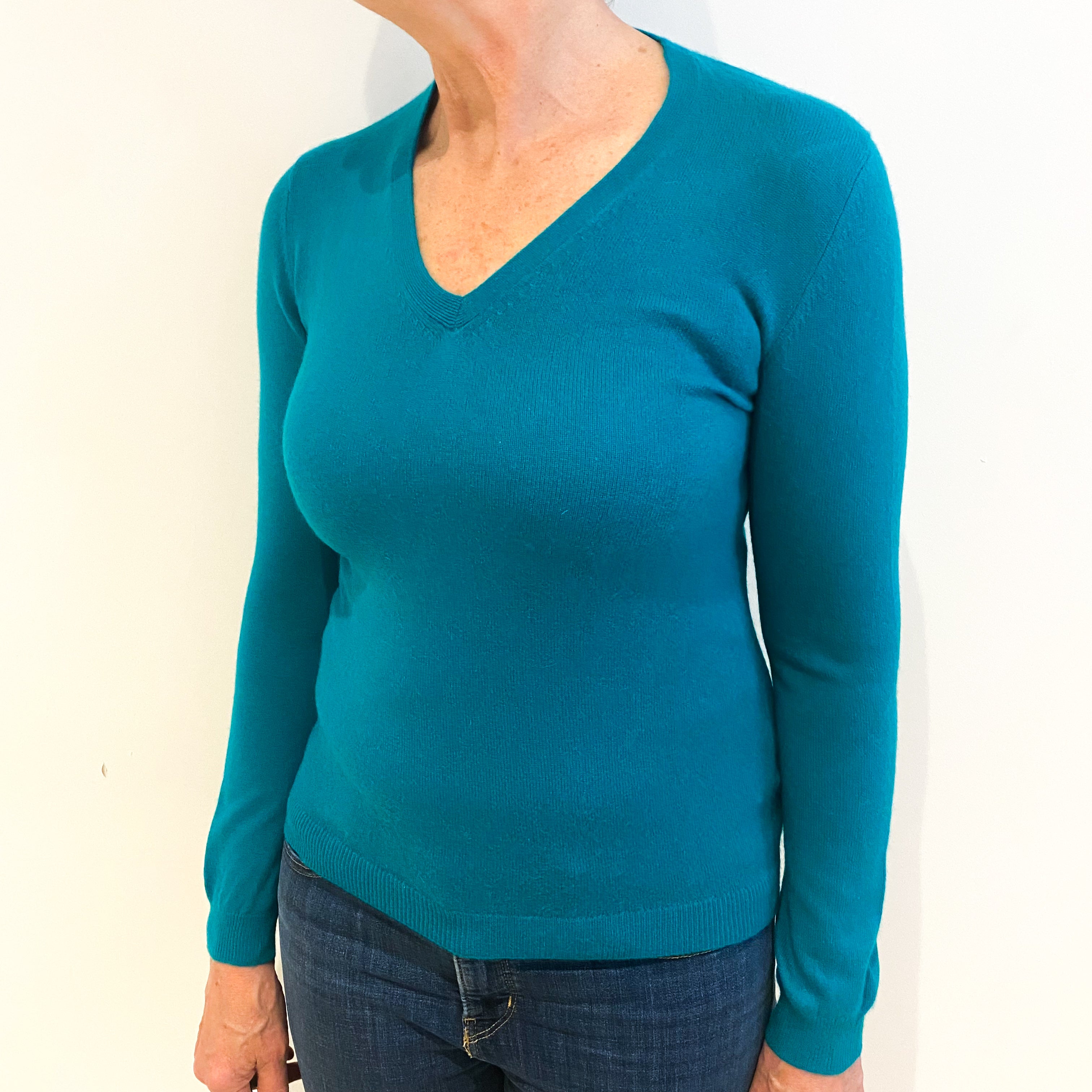 Parakeet Green Cashmere V Neck Jumper Medium