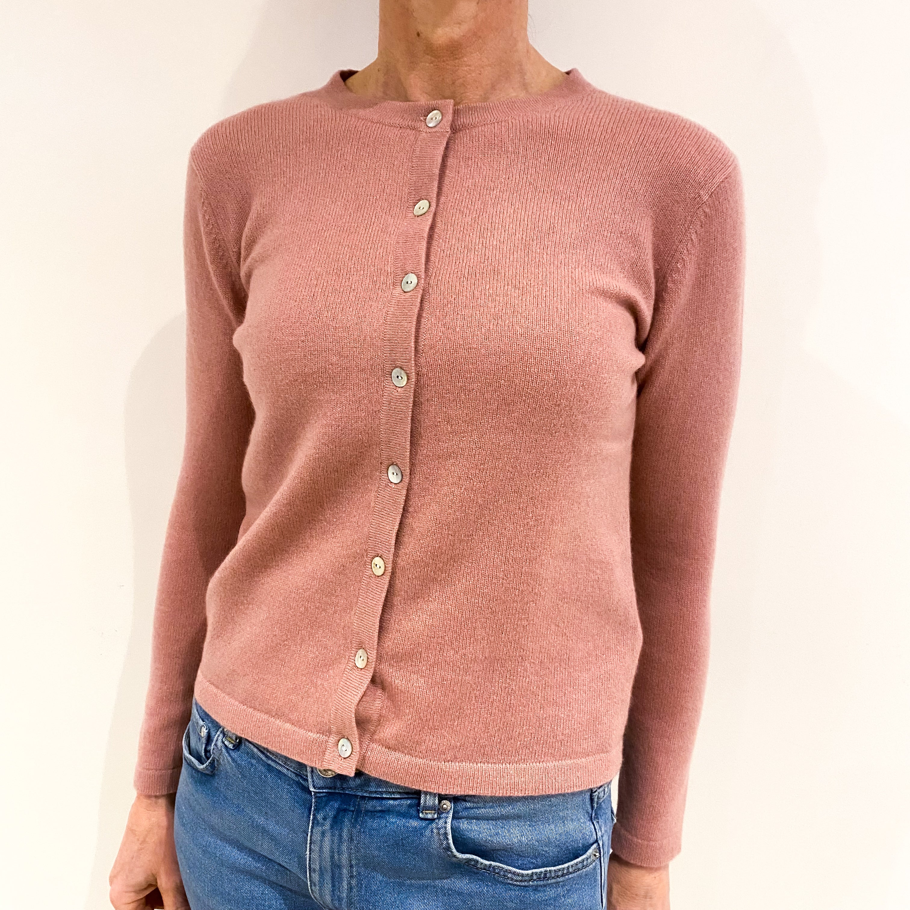 Faded Heather Pink Cashmere Crew Neck Cardigan Small
