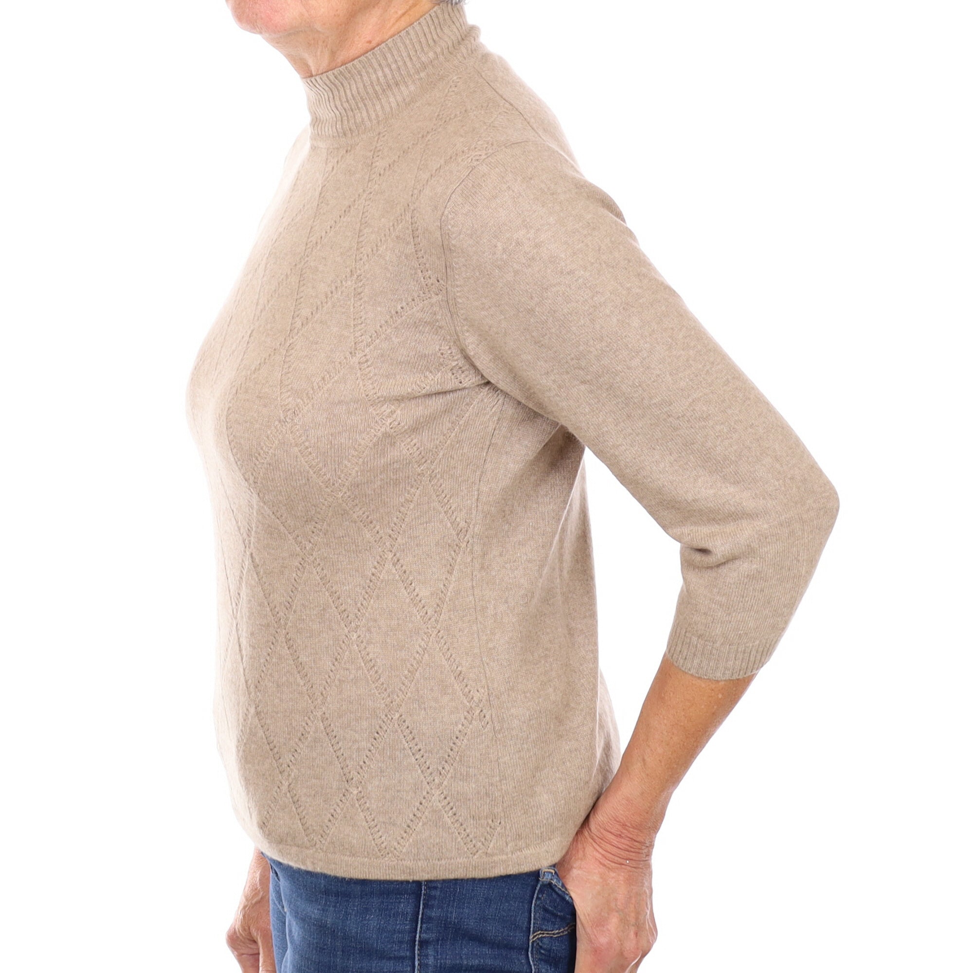Taupe Brown Diamond Lace Cashmere Turtle Neck Jumper Medium