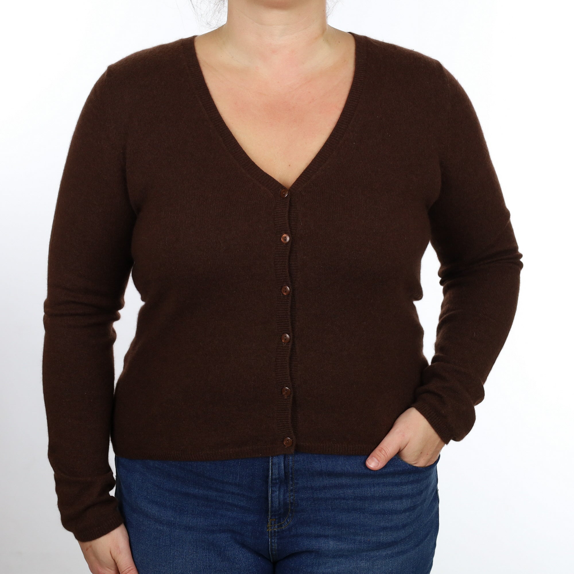 Chocolate Brown Cashmere V Neck Cardigan Large