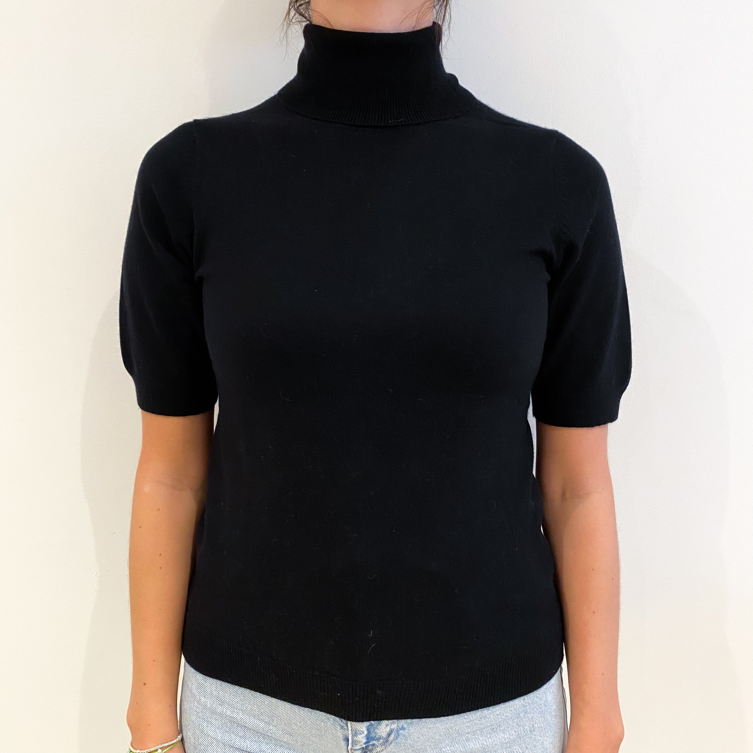 Black Cashmere Short Sleeved Polo Neck Jumper Small