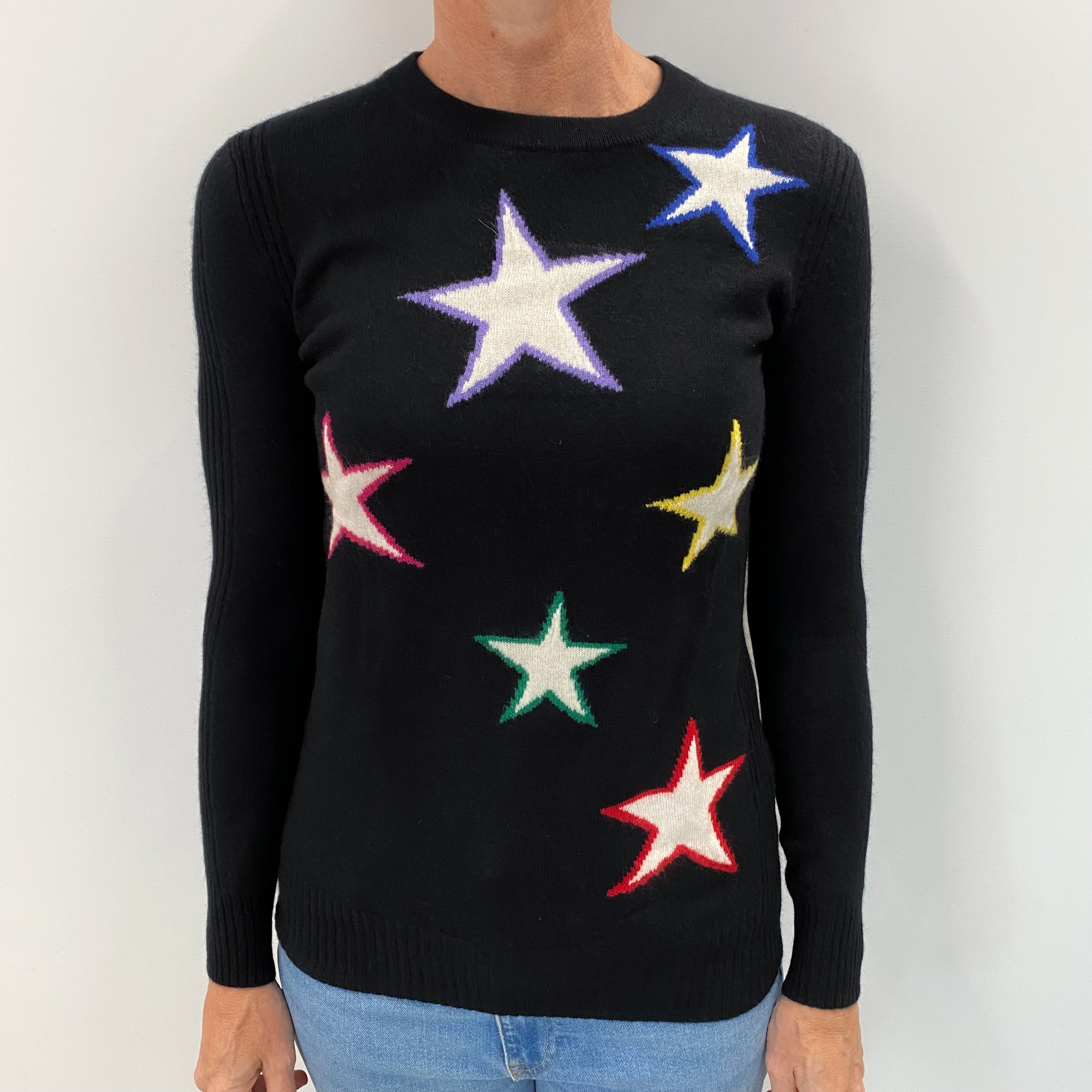 Black Star Pattern Cashmere Crew Neck Jumper Small
