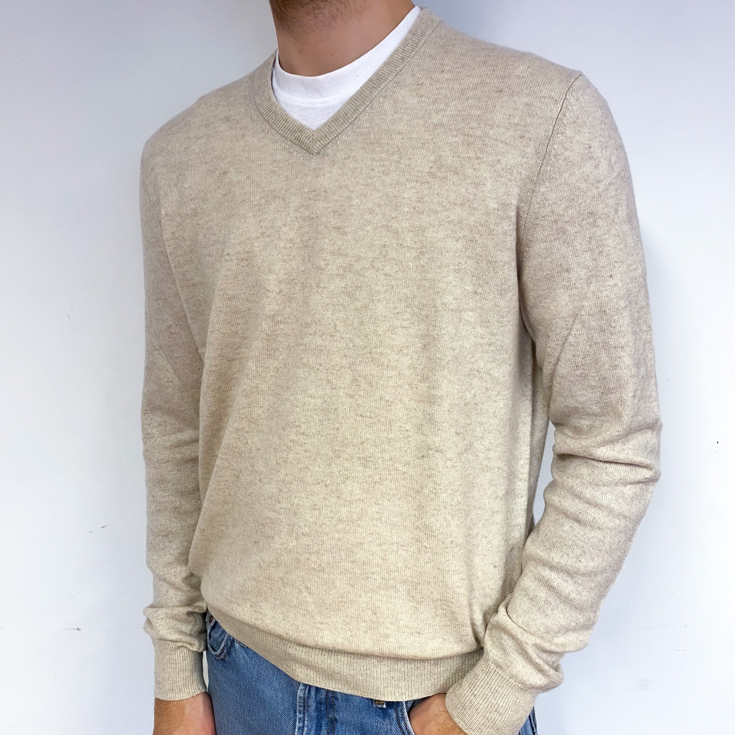 Men's Oatmeal Beige Cashmere V-Neck Jumper Large