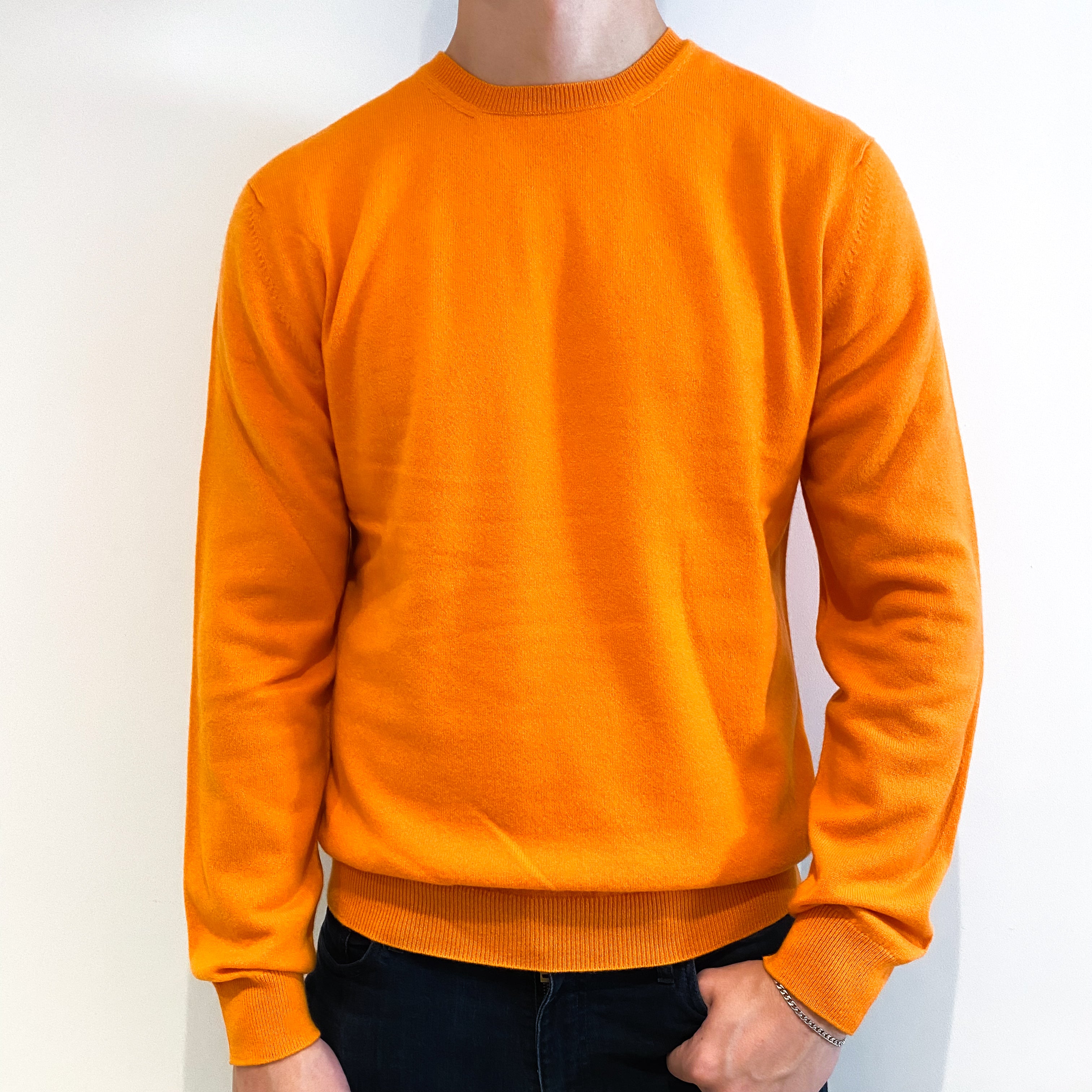 Men's New Scottish Bright Orange Cashmere Crew Neck Jumper Extra Large