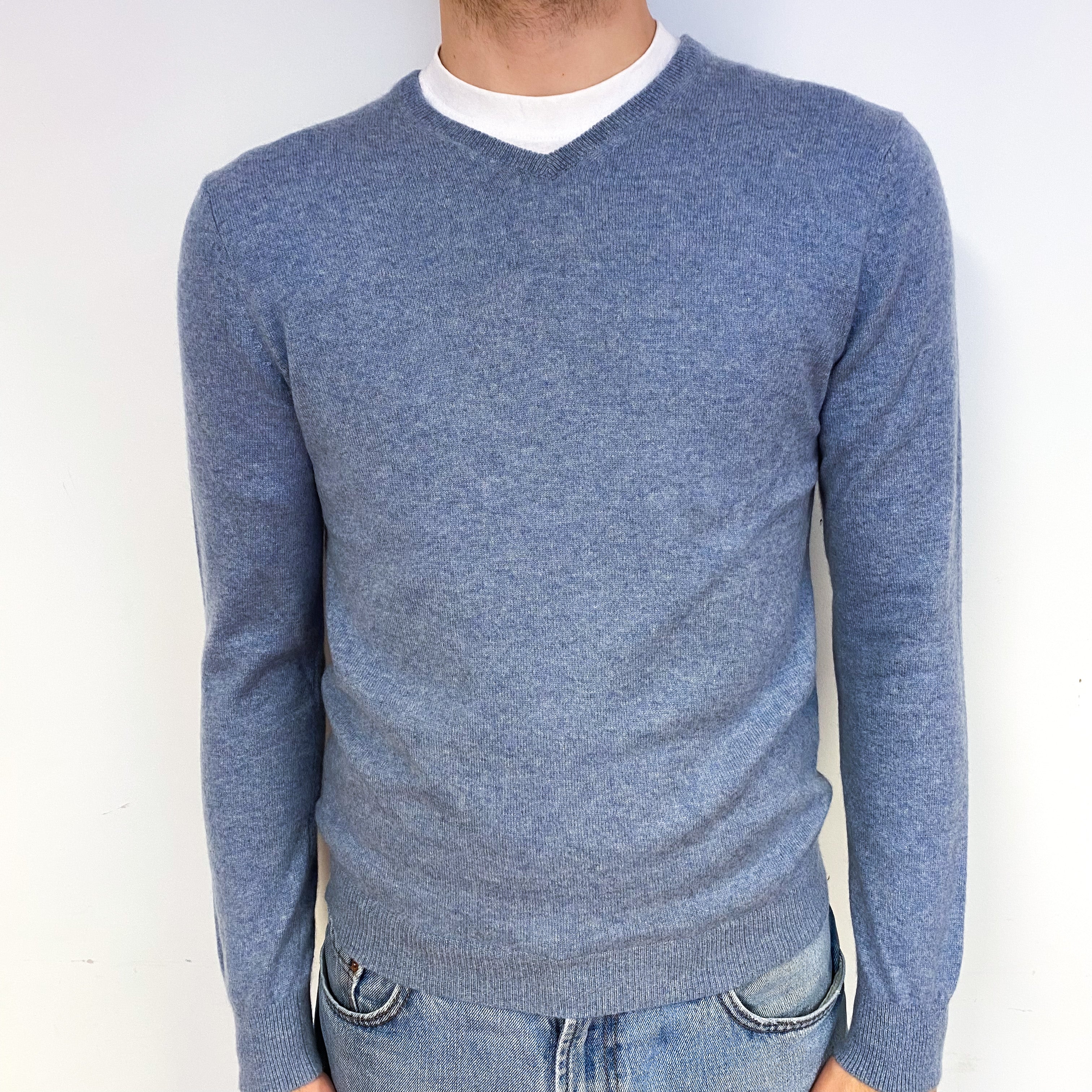 Men's Denim Blue Cashmere V-Neck Jumper Medium