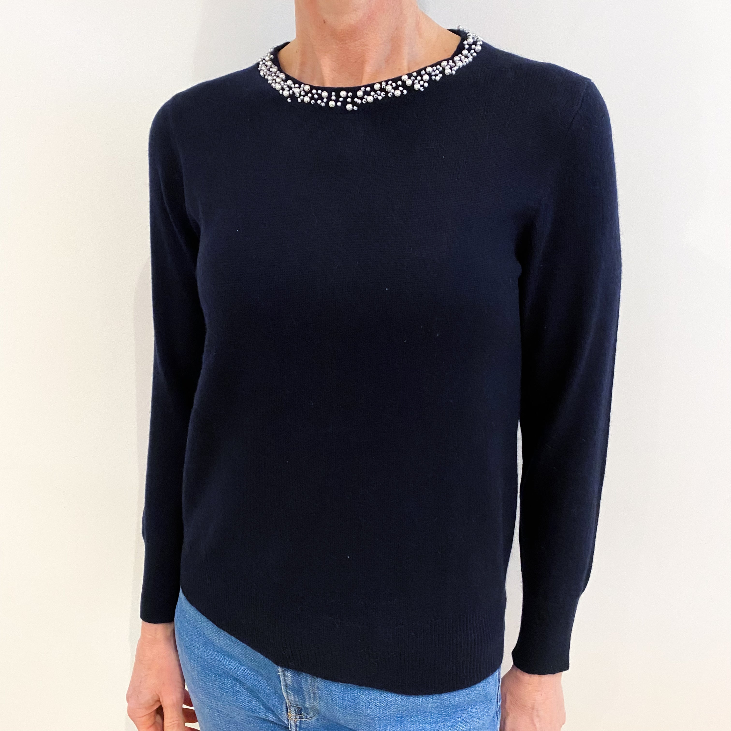 Navy Pearl Embellished Cashmere Crew Neck Jumper Small