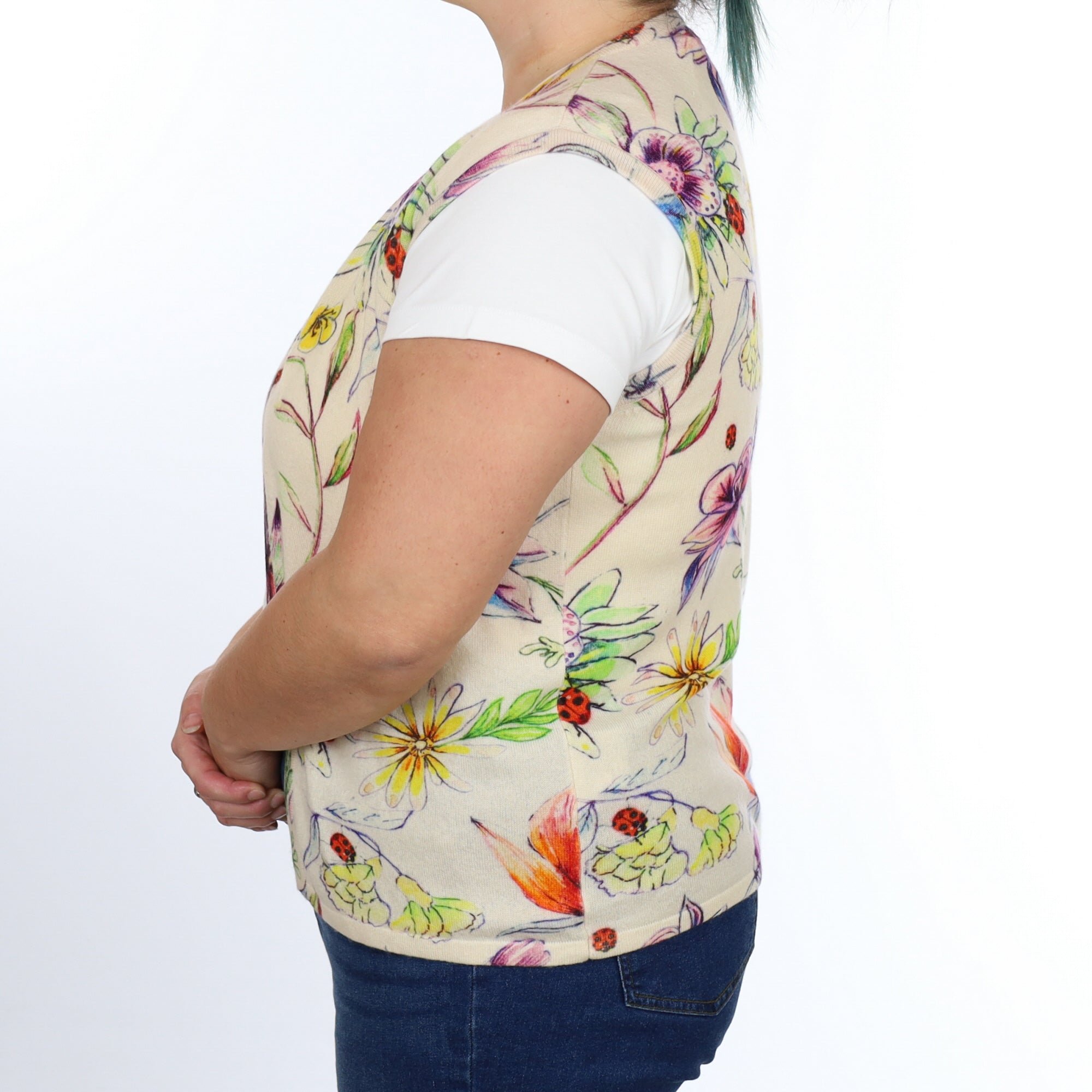 Multicoloured Floral Cashmere Edge To Edge Sleeveless Cardigan Large