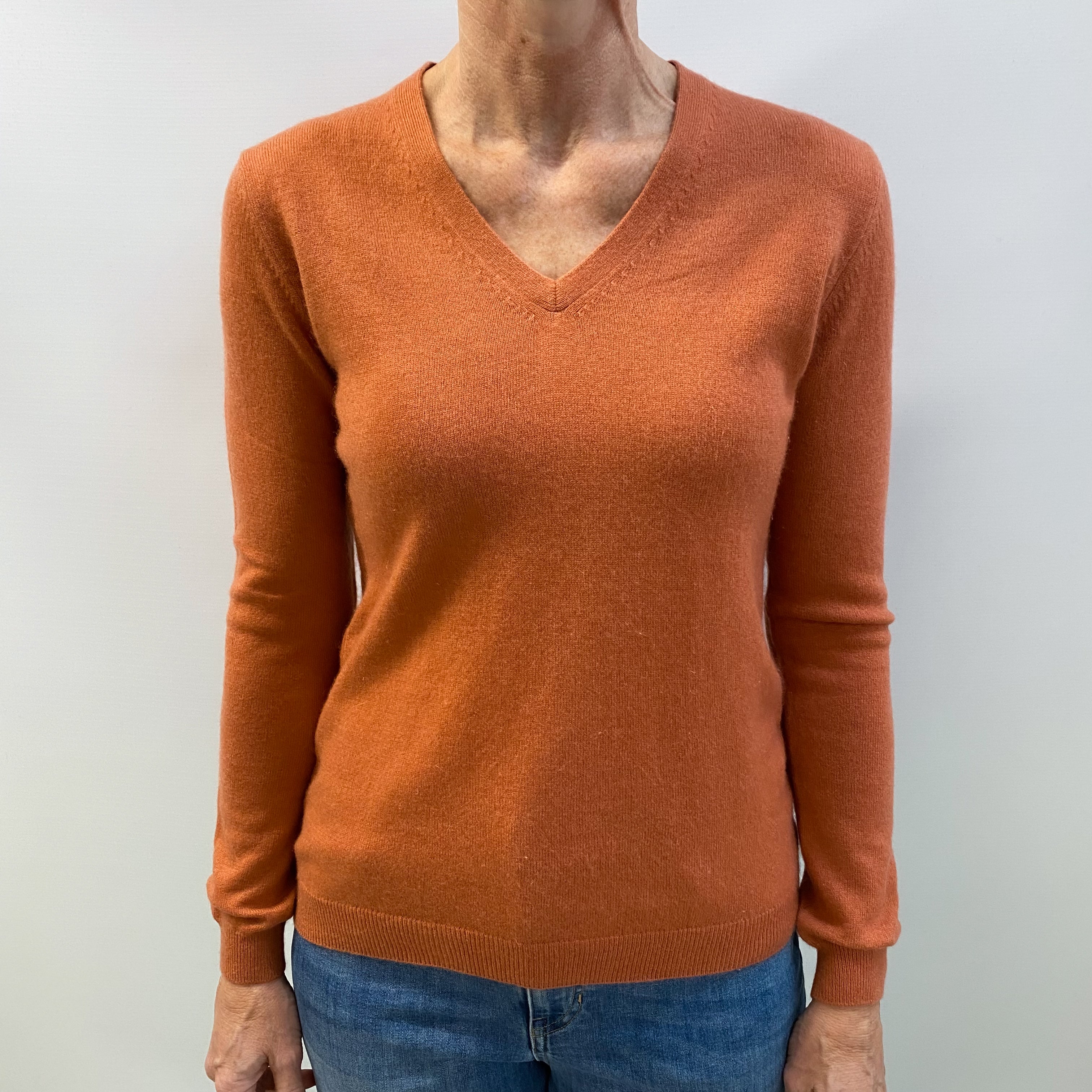 Terracotta Orange Cashmere V Neck Jumper Small