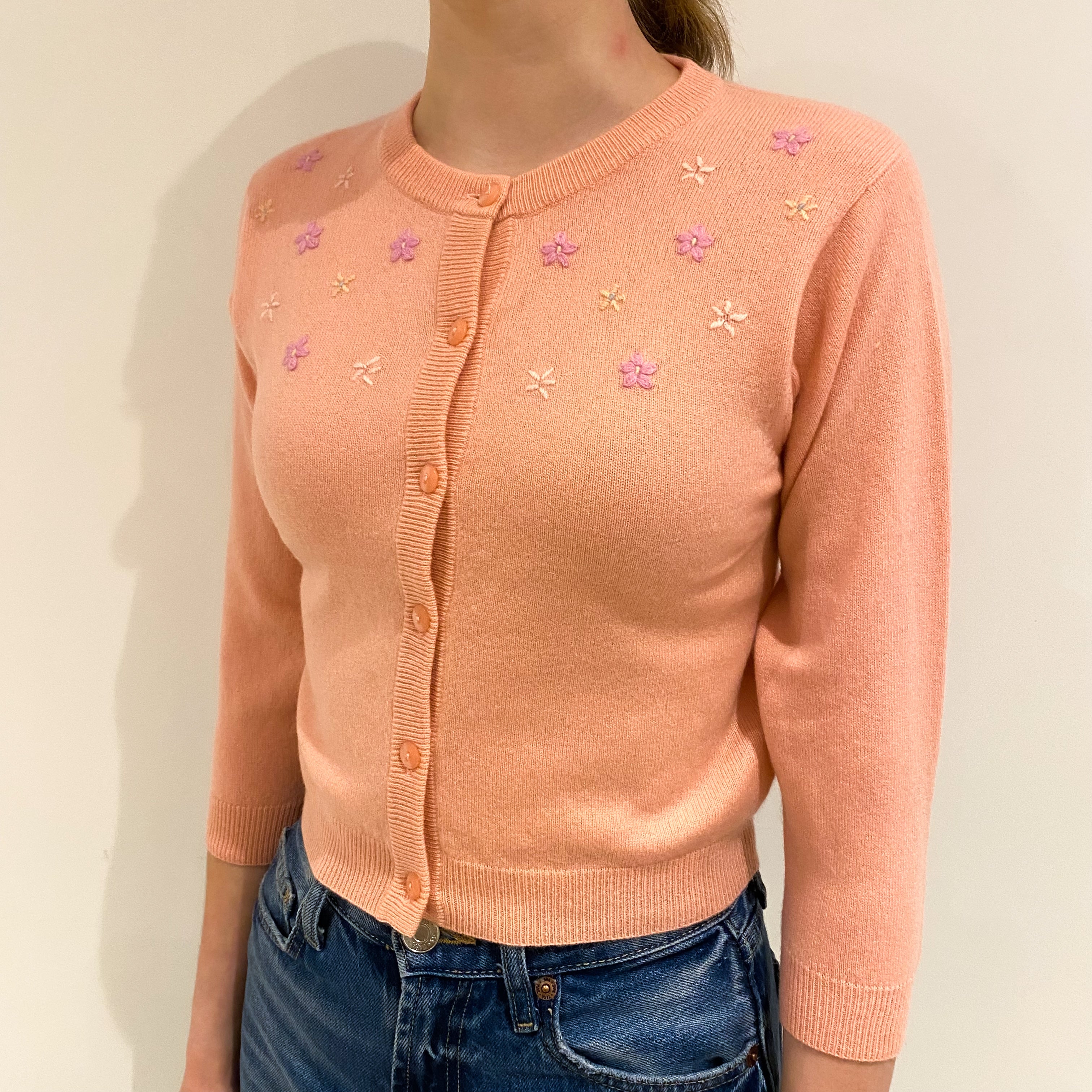 Peach Pink Floral Cashmere Crew Neck Cardigan Extra Small
