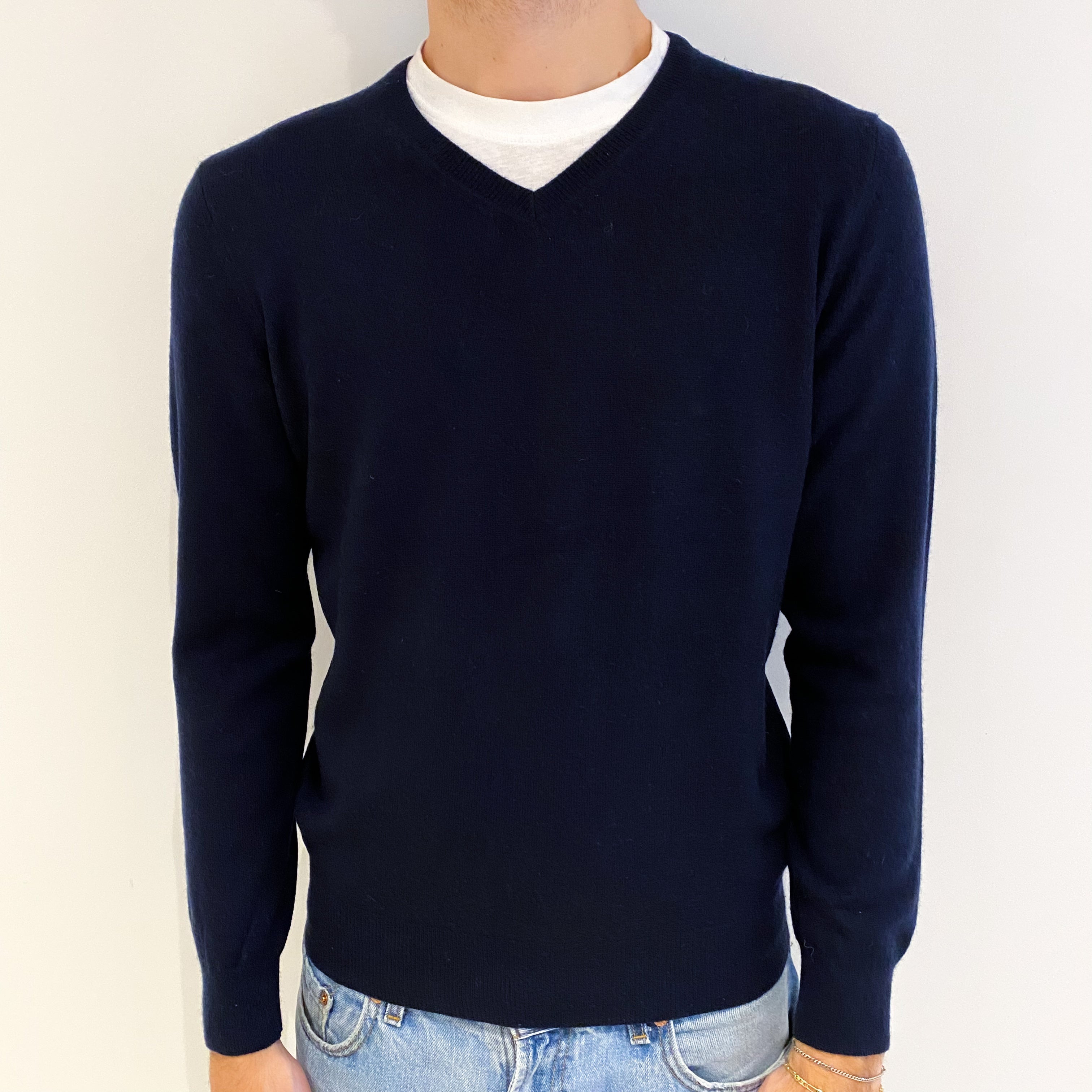 Men's Navy Blue Cashmere V Neck Jumper Large