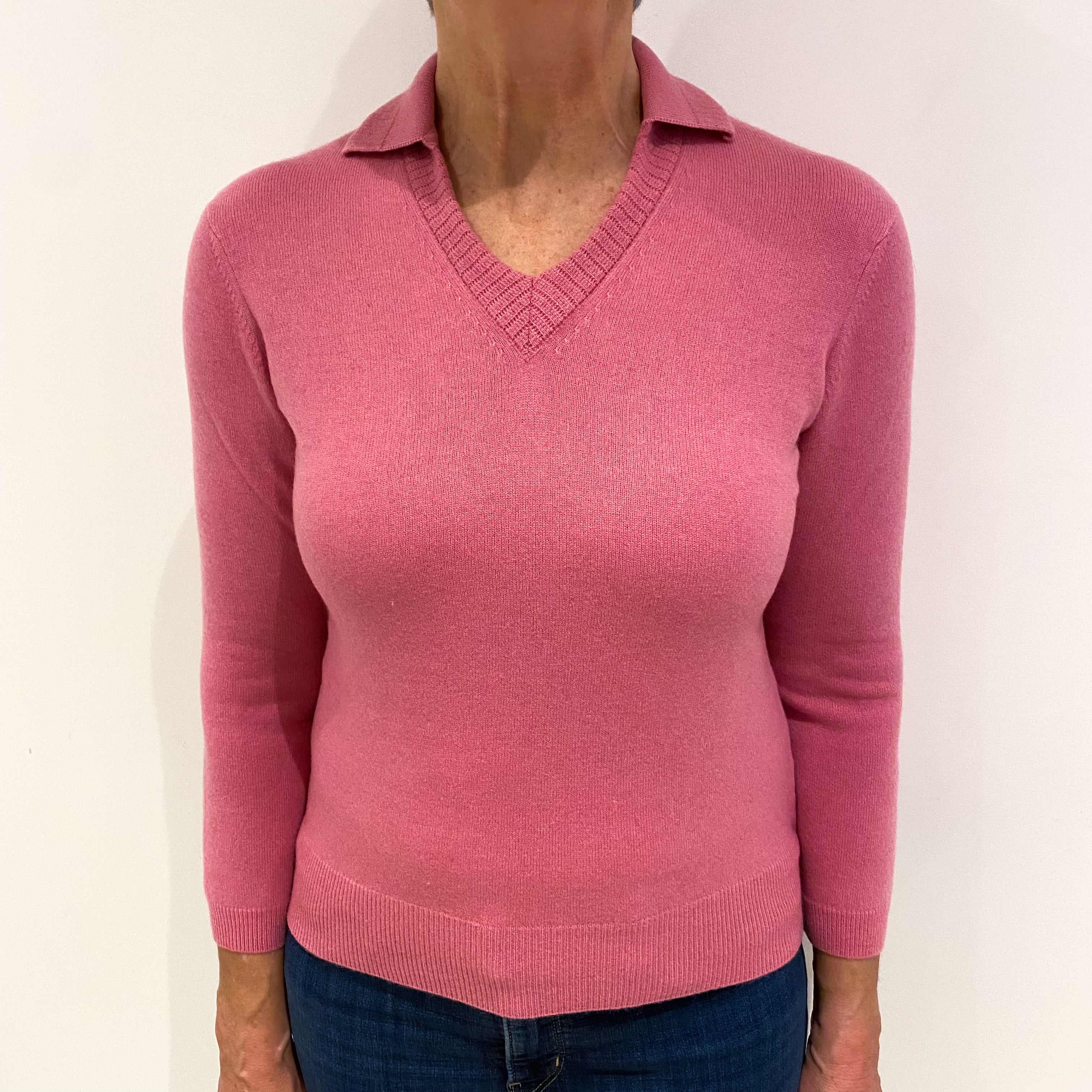 Tulip Pink Cashmere Collared V Neck Jumper Medium Petite