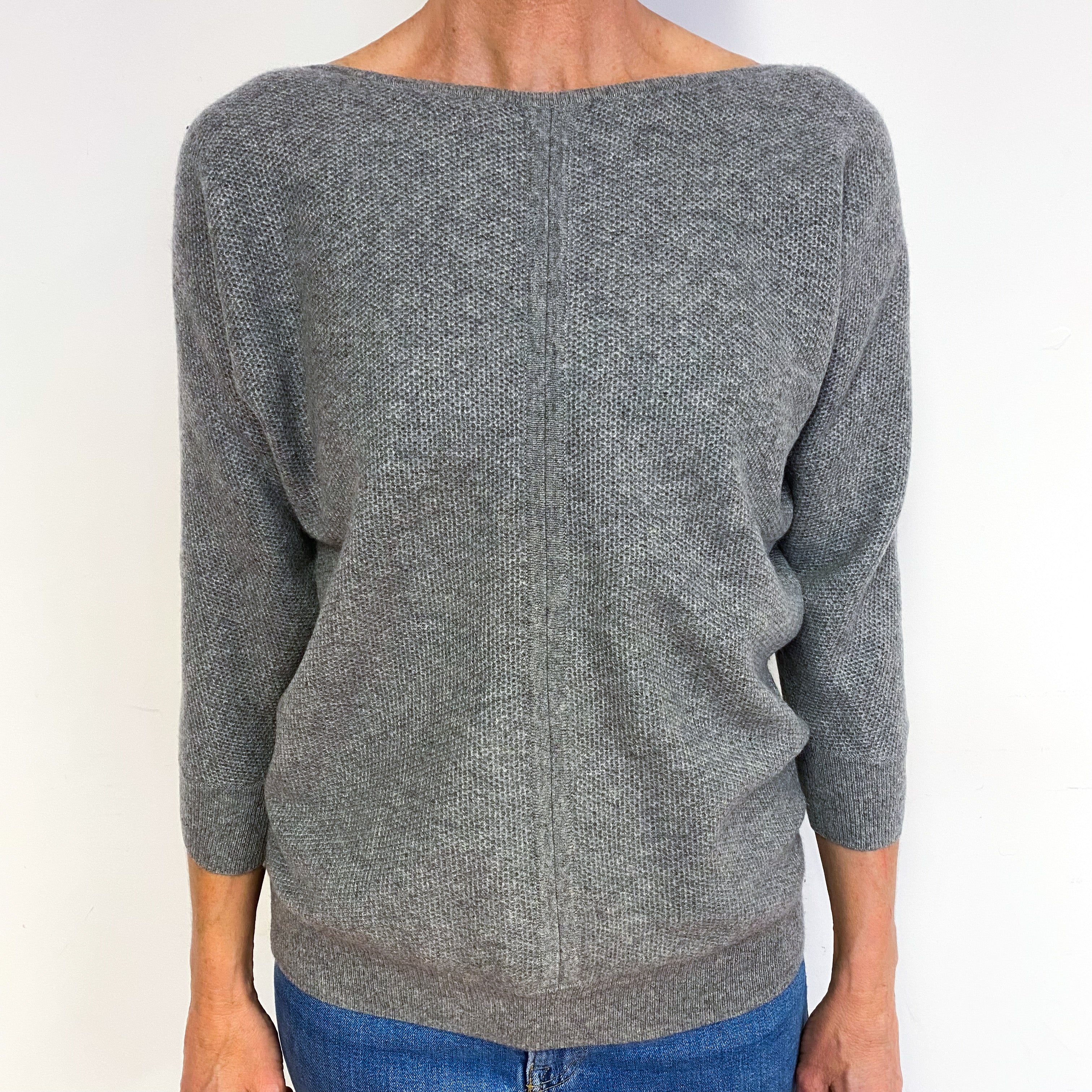 Ash Grey Waffle Cashmere Boat Neck Jumper Medium
