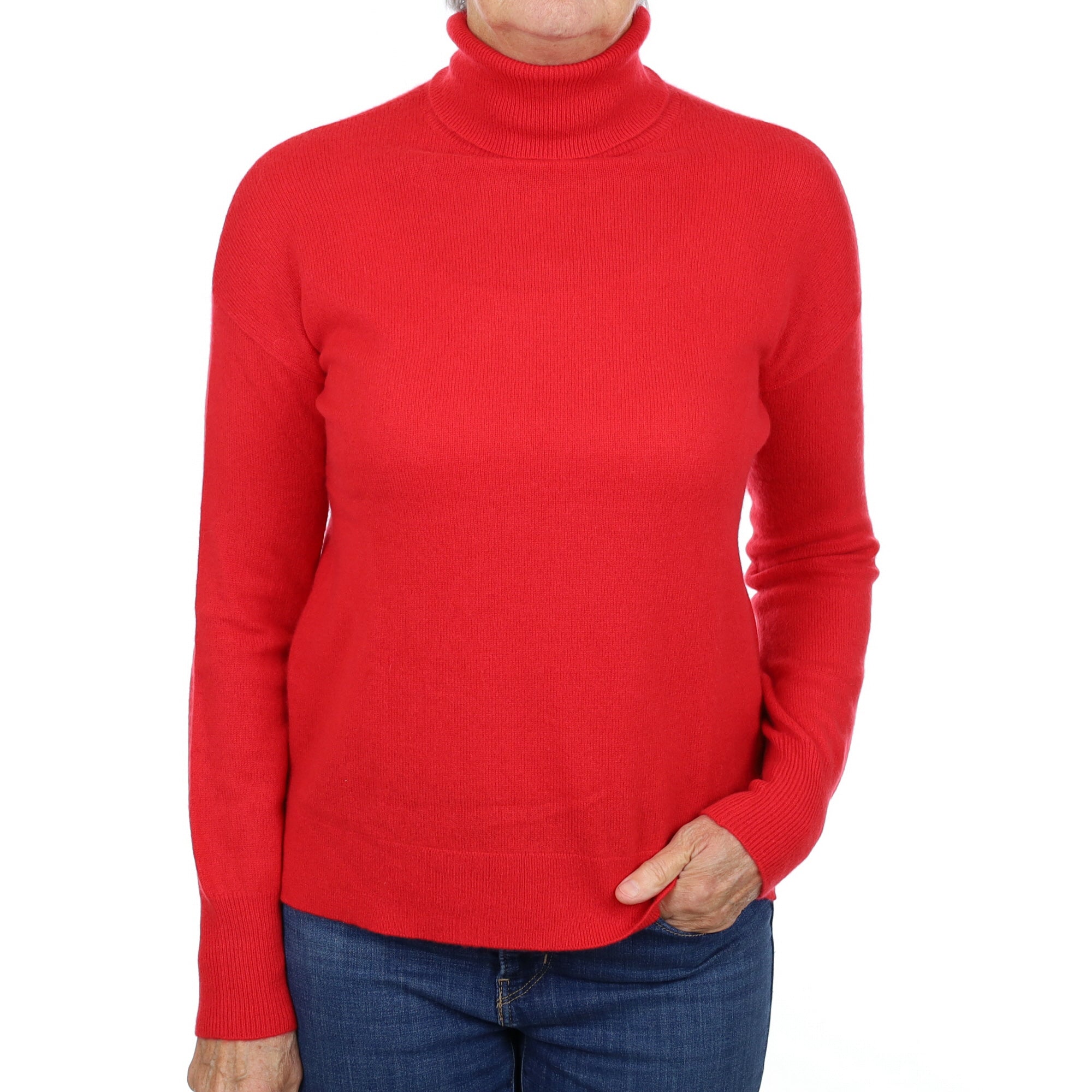 Scarlet Red Cashmere Polo Neck Jumper Medium