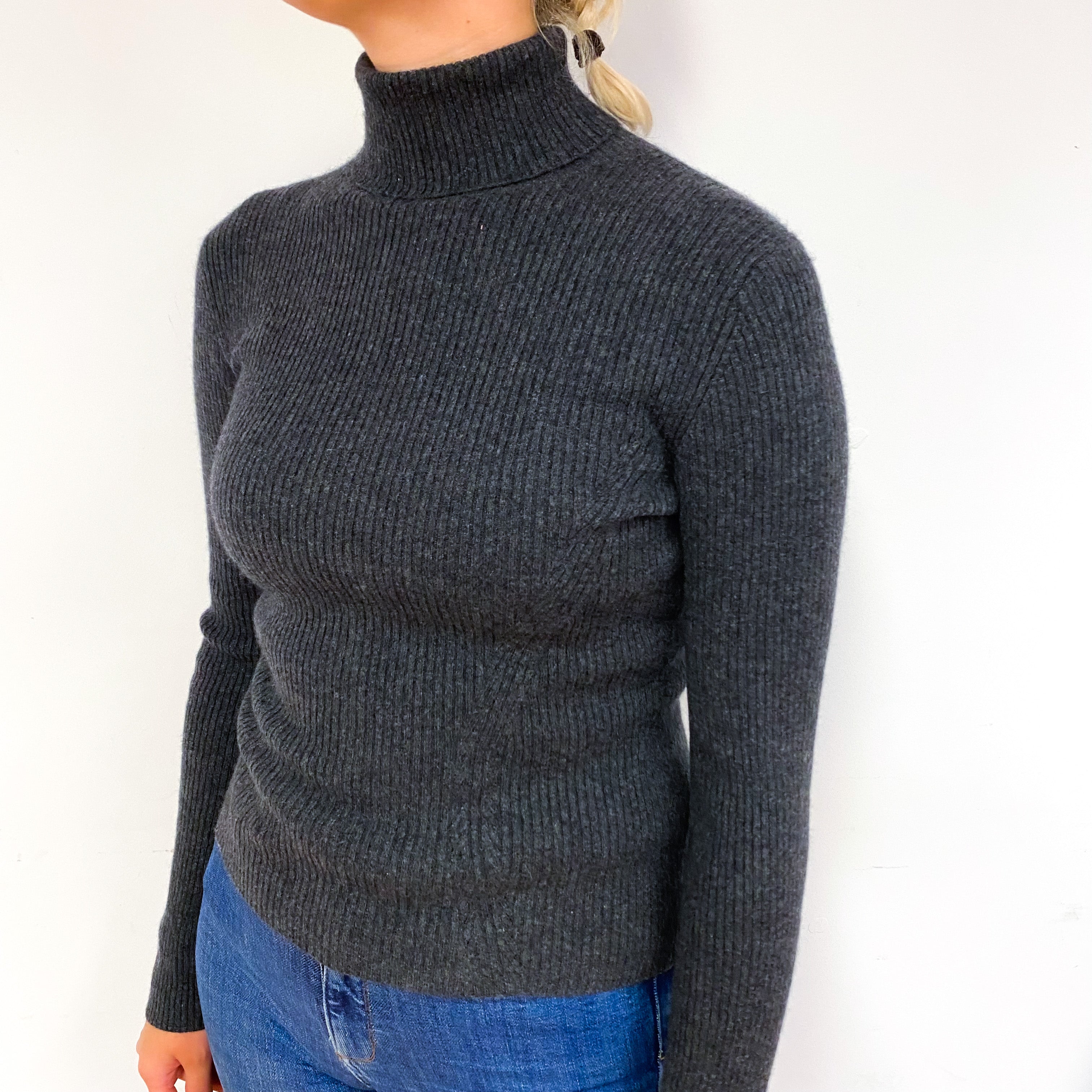 Slate Grey Skinny Ribbed Cashmere Polo Neck Jumper Small