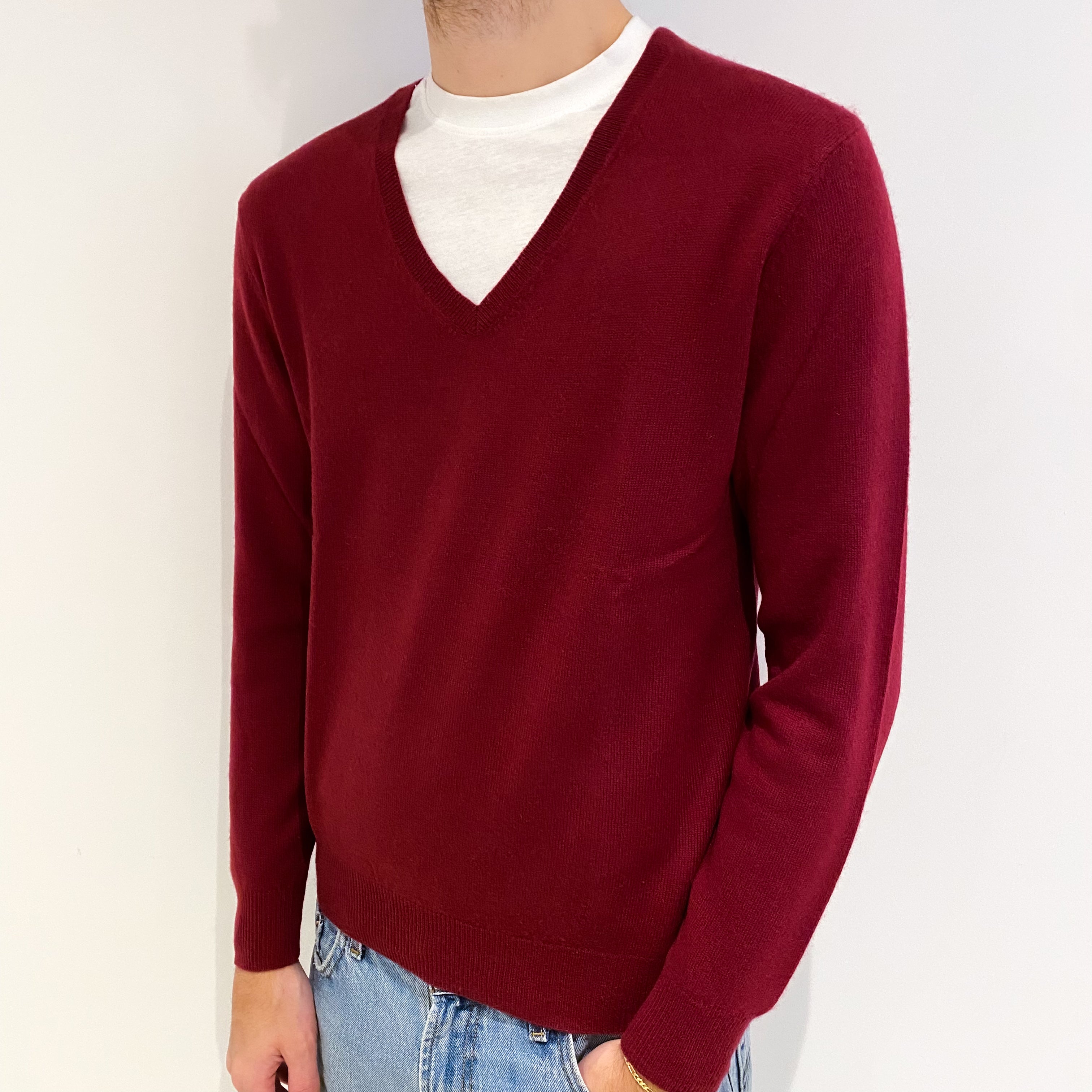 Men's Garnet Red Cashmere V Neck Jumper Medium