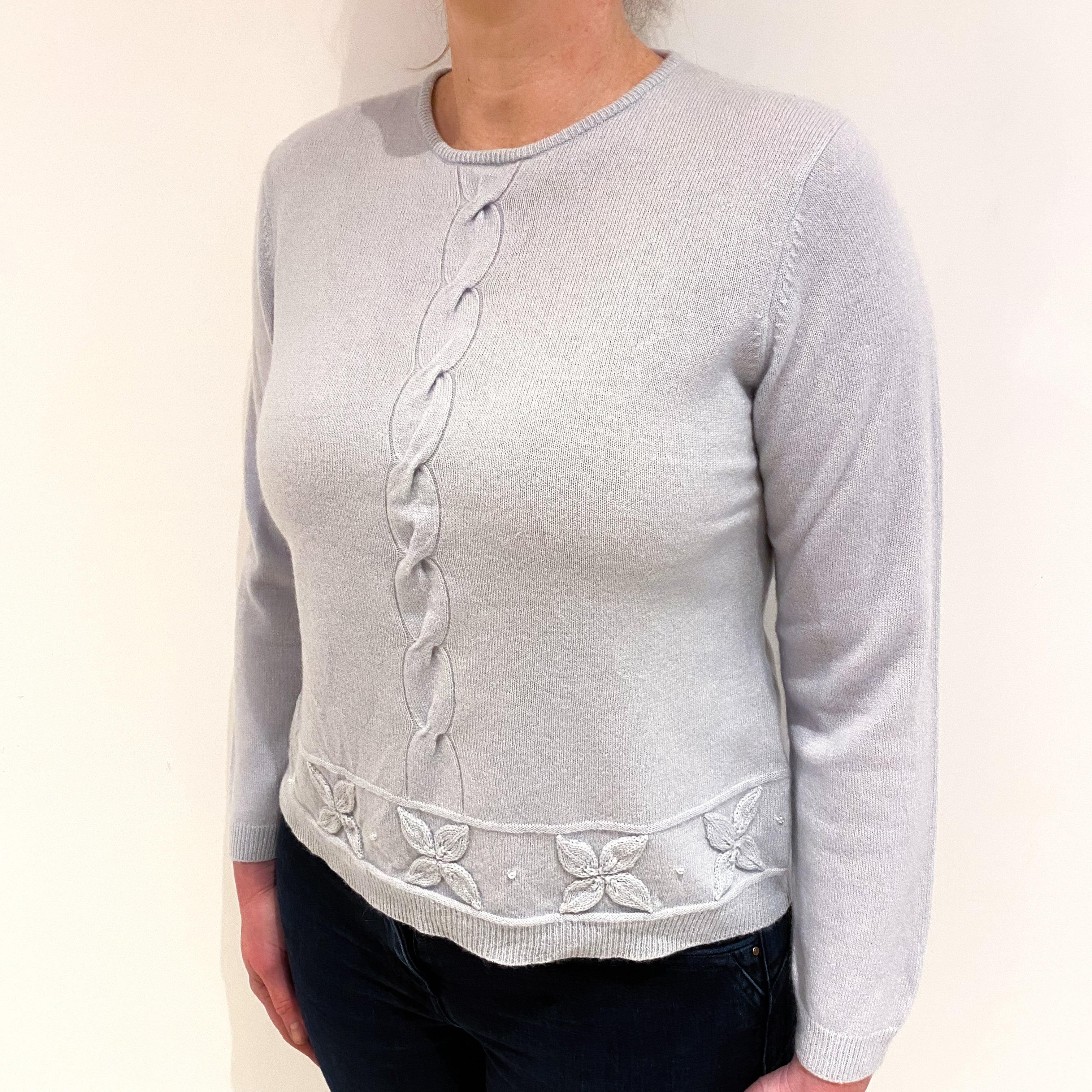 Ice Blue Textured Detail Cashmere Crew Neck Jumper Large