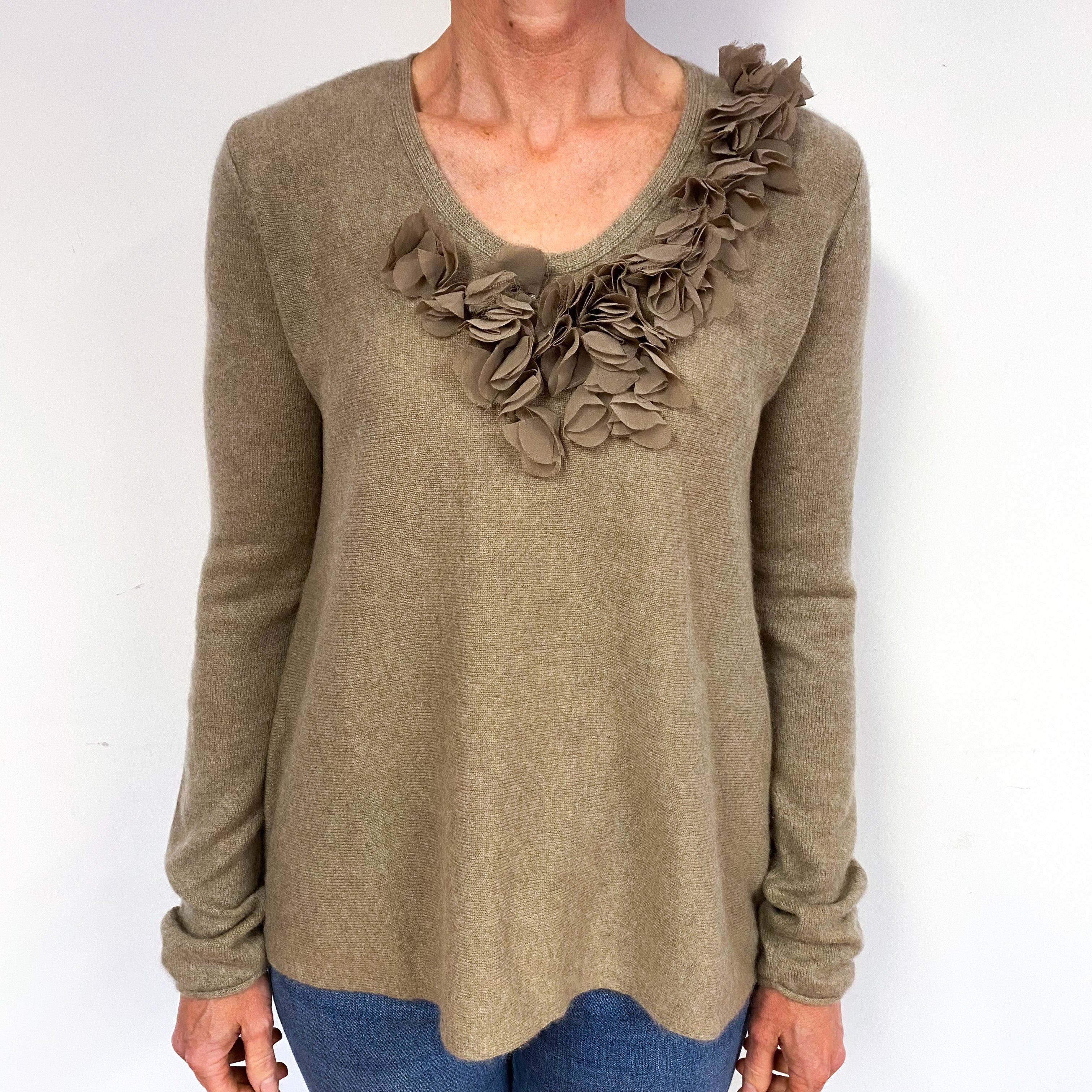 Mink Brown Chiffon Flower Cashmere V-Neck Jumper Medium