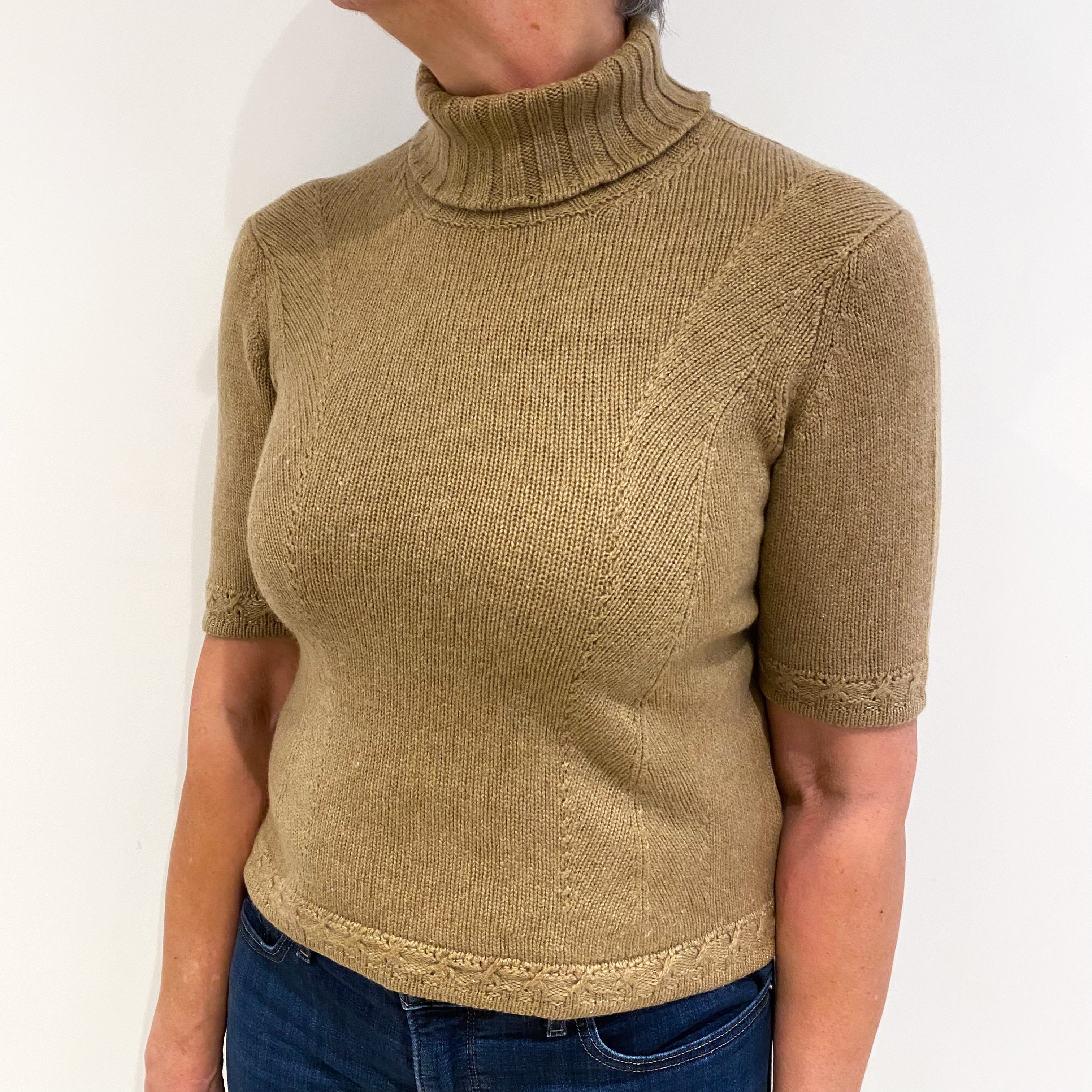 Taupe Brown Cashmere Polo Neck Short Sleeved Jumper Medium