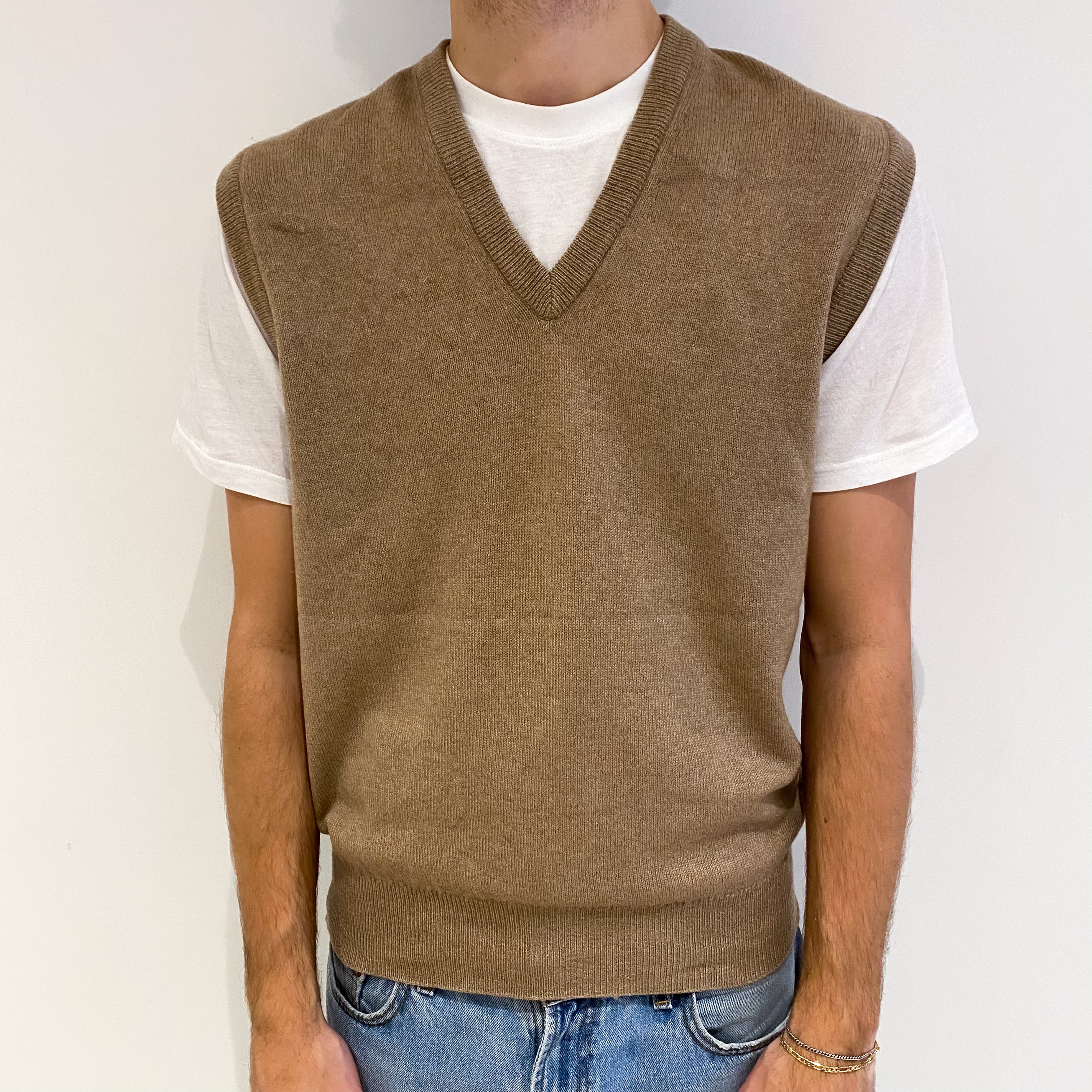 Men's Jaeger Camel Beige Cashmere V Neck Tank Top Large