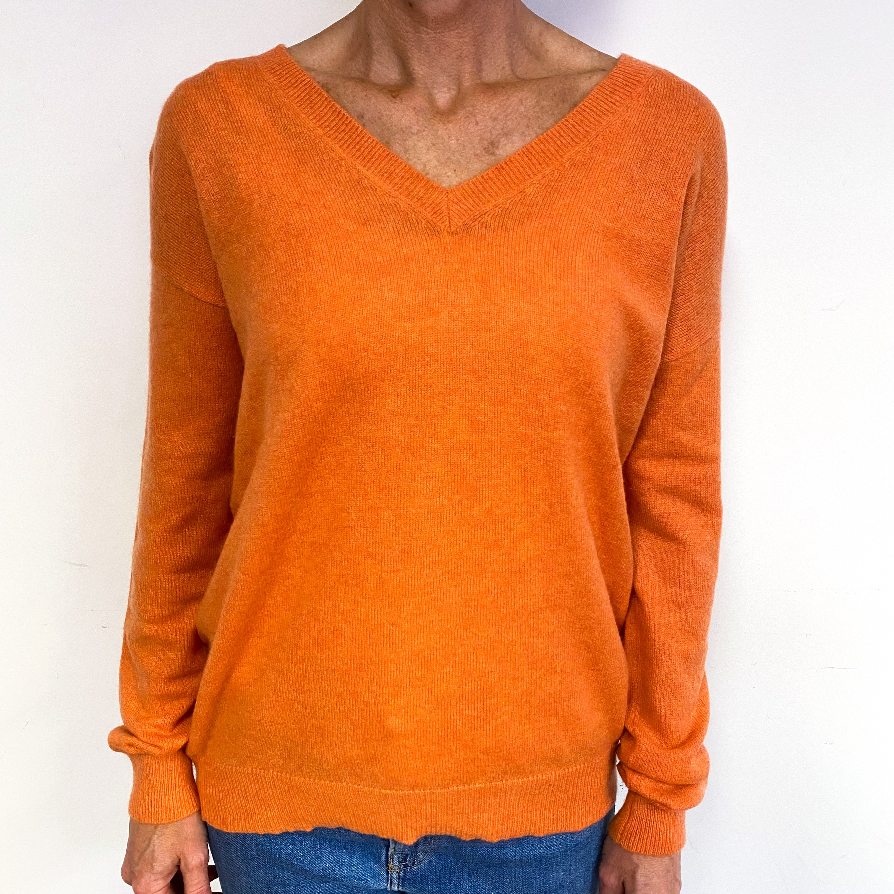 Tangerine Orange Popper Back Cashmere V-Neck Jumper Medium