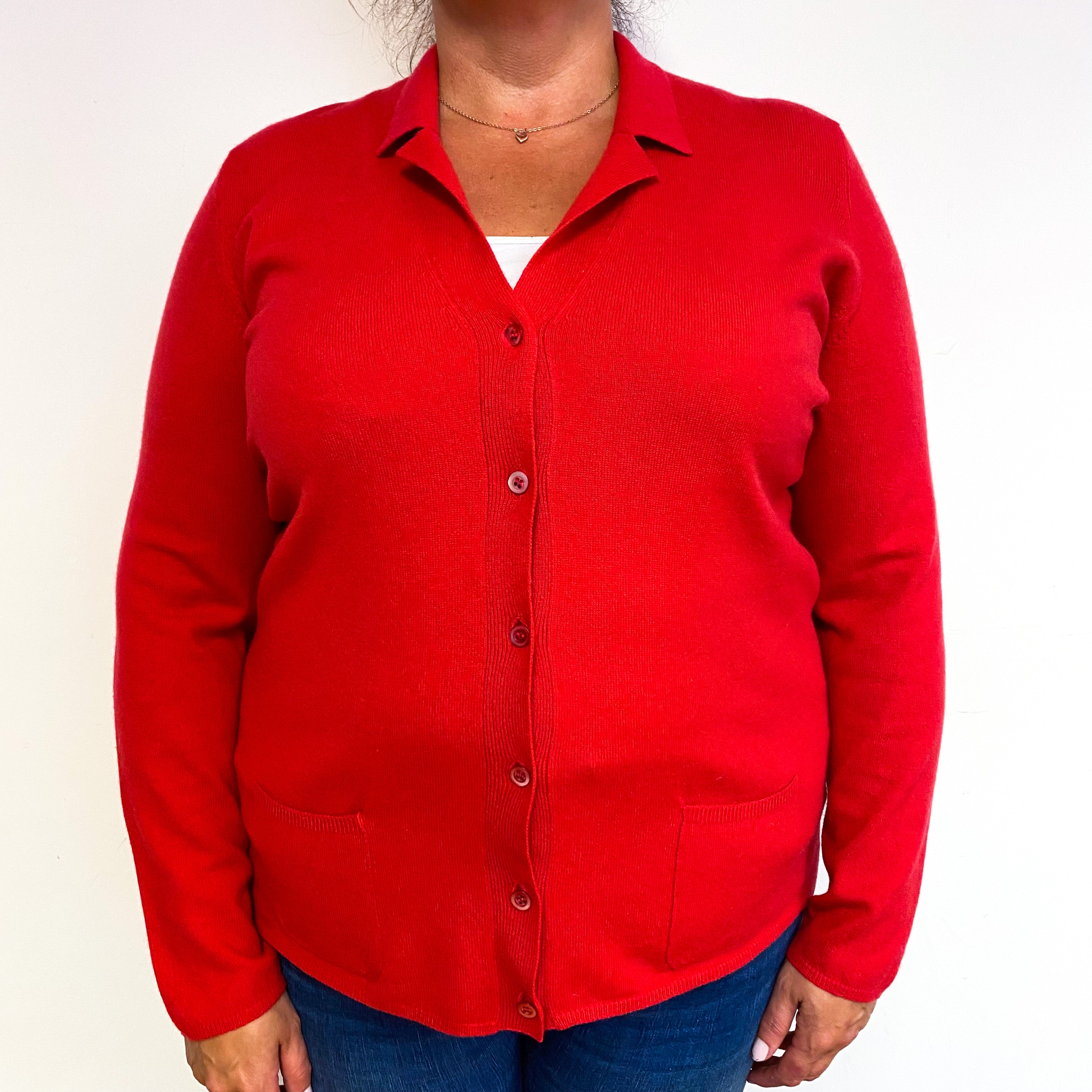Scottish Scarlet Red Cashmere Shirt Style Cardigan Extra Large
