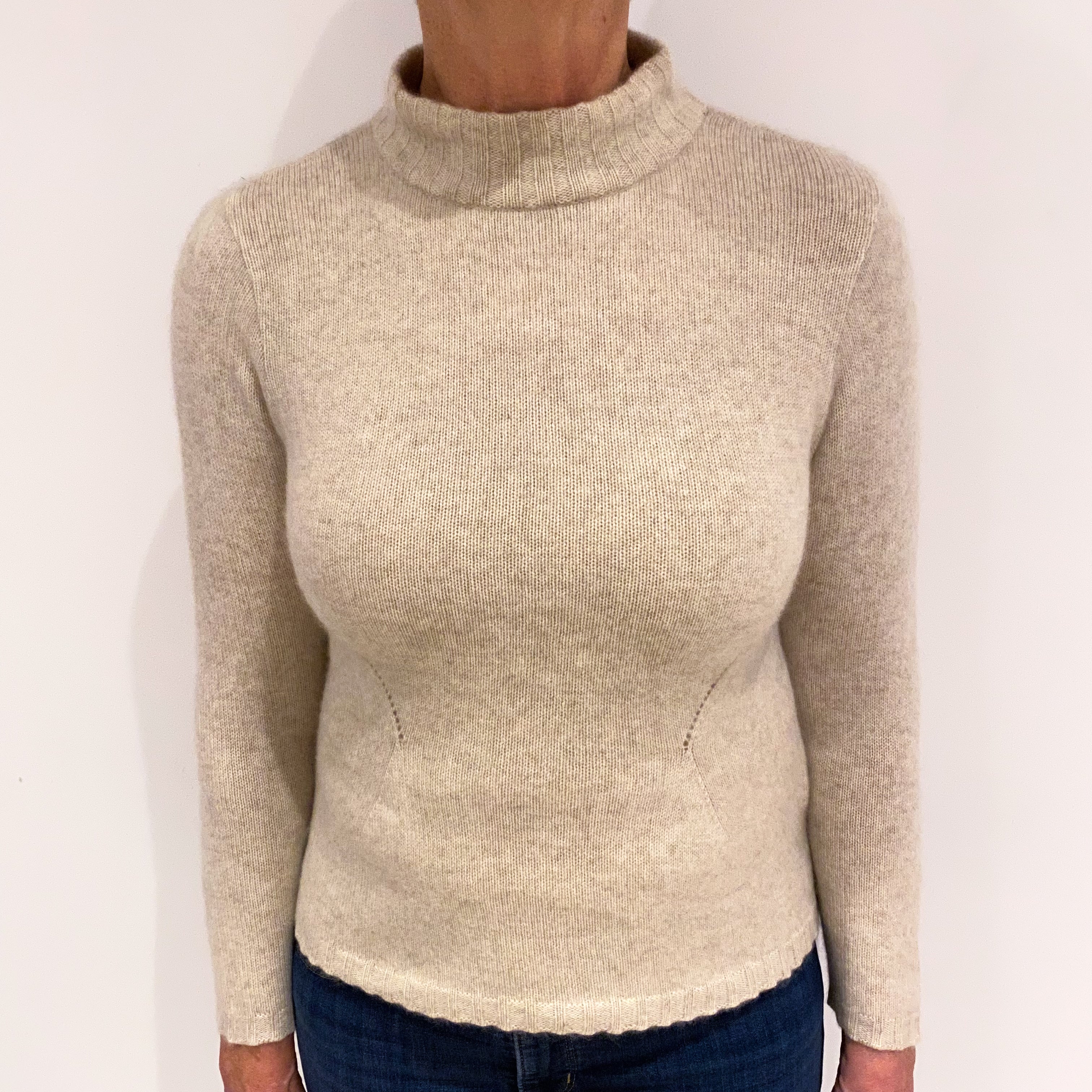 Oatmeal Beige Cashmere Turtle Neck Jumper Medium
