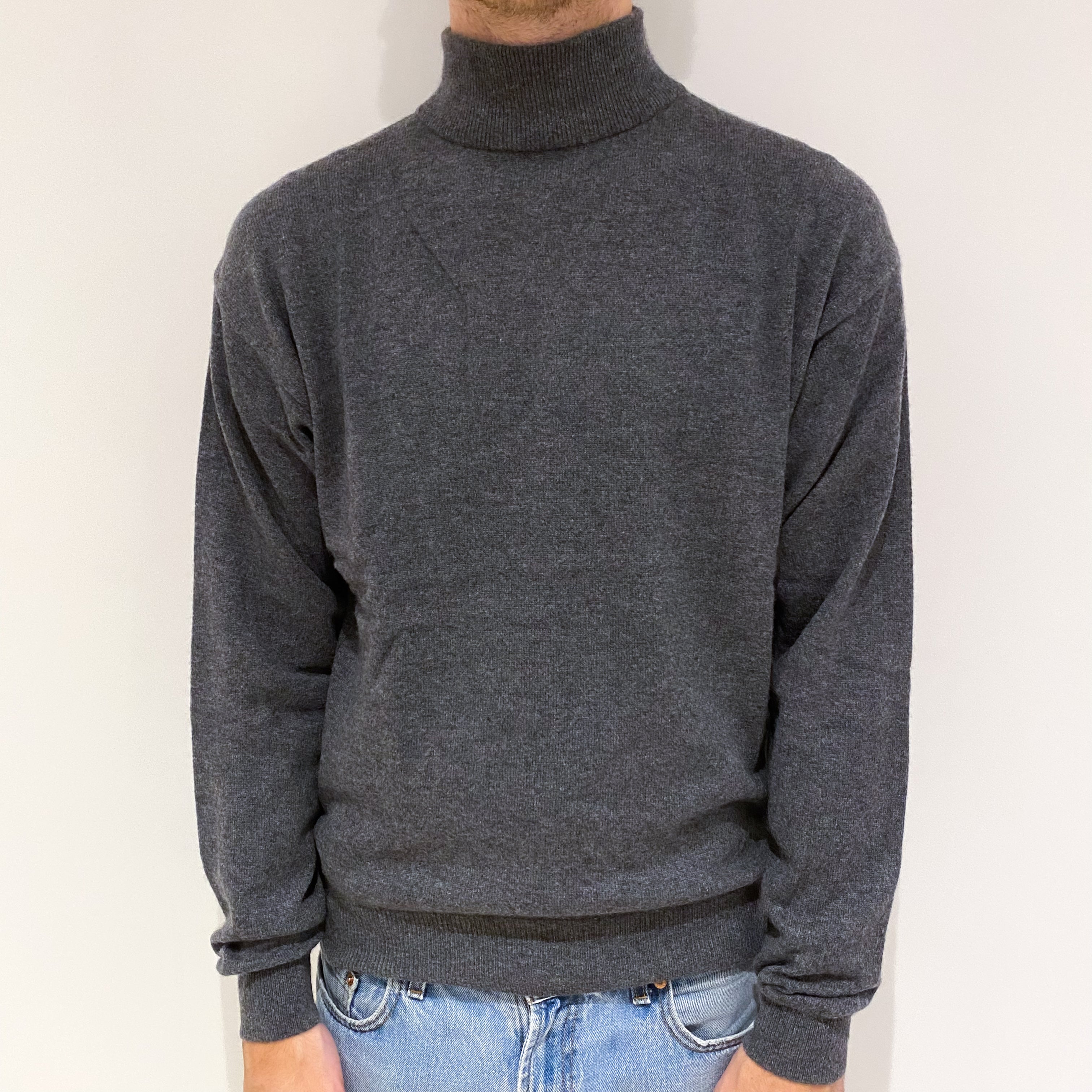 Men's Slate Grey Cashmere Turtle Neck Jumper Large