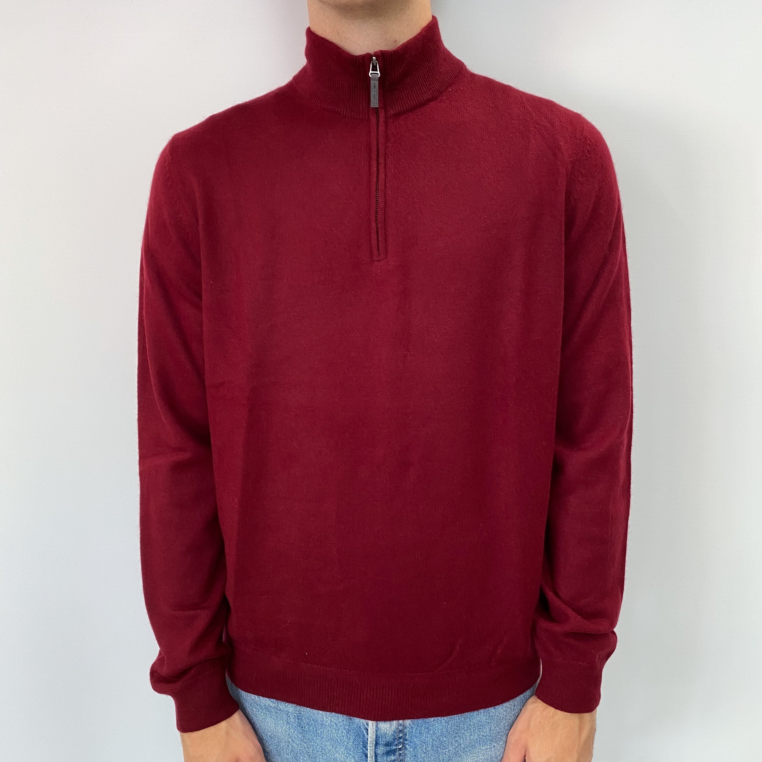 Men's Burgundy Cashmere Quarter Zip Jumper Large
