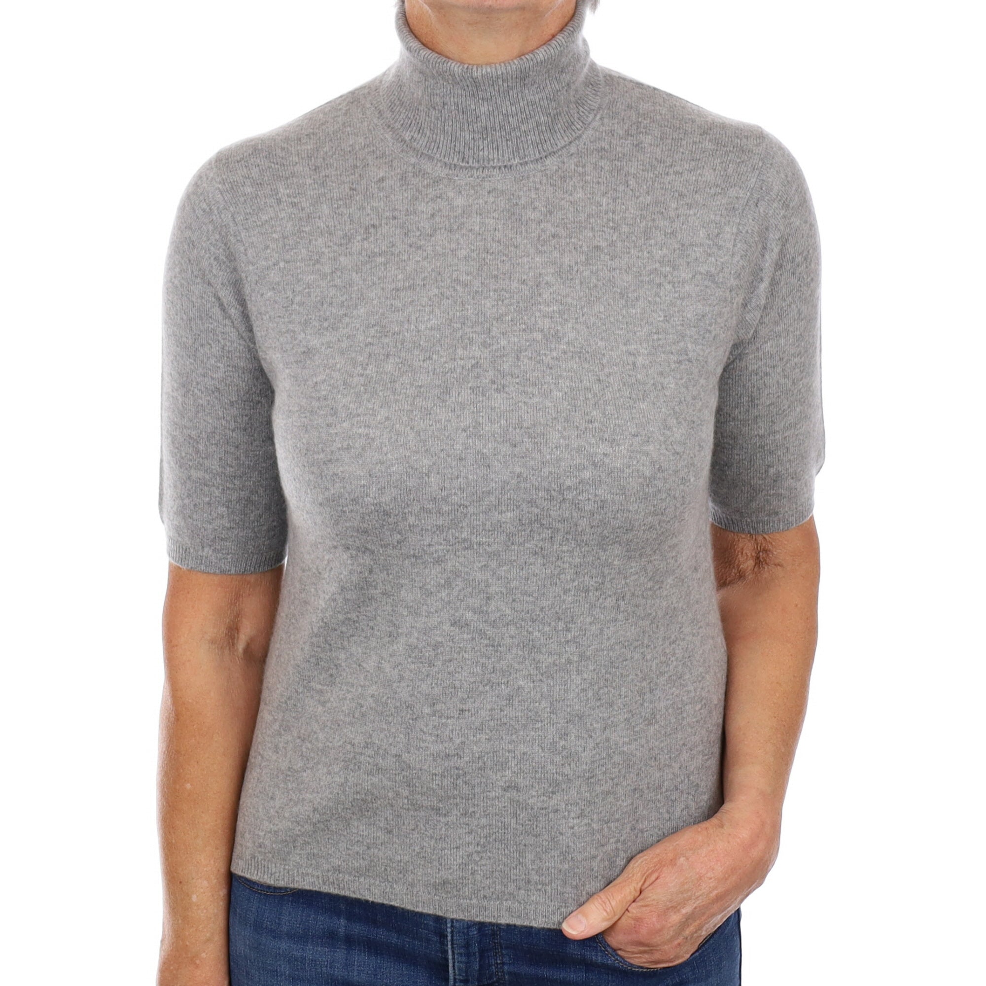 Ash Grey Cashmere Short Sleeve Polo Neck Jumper Medium