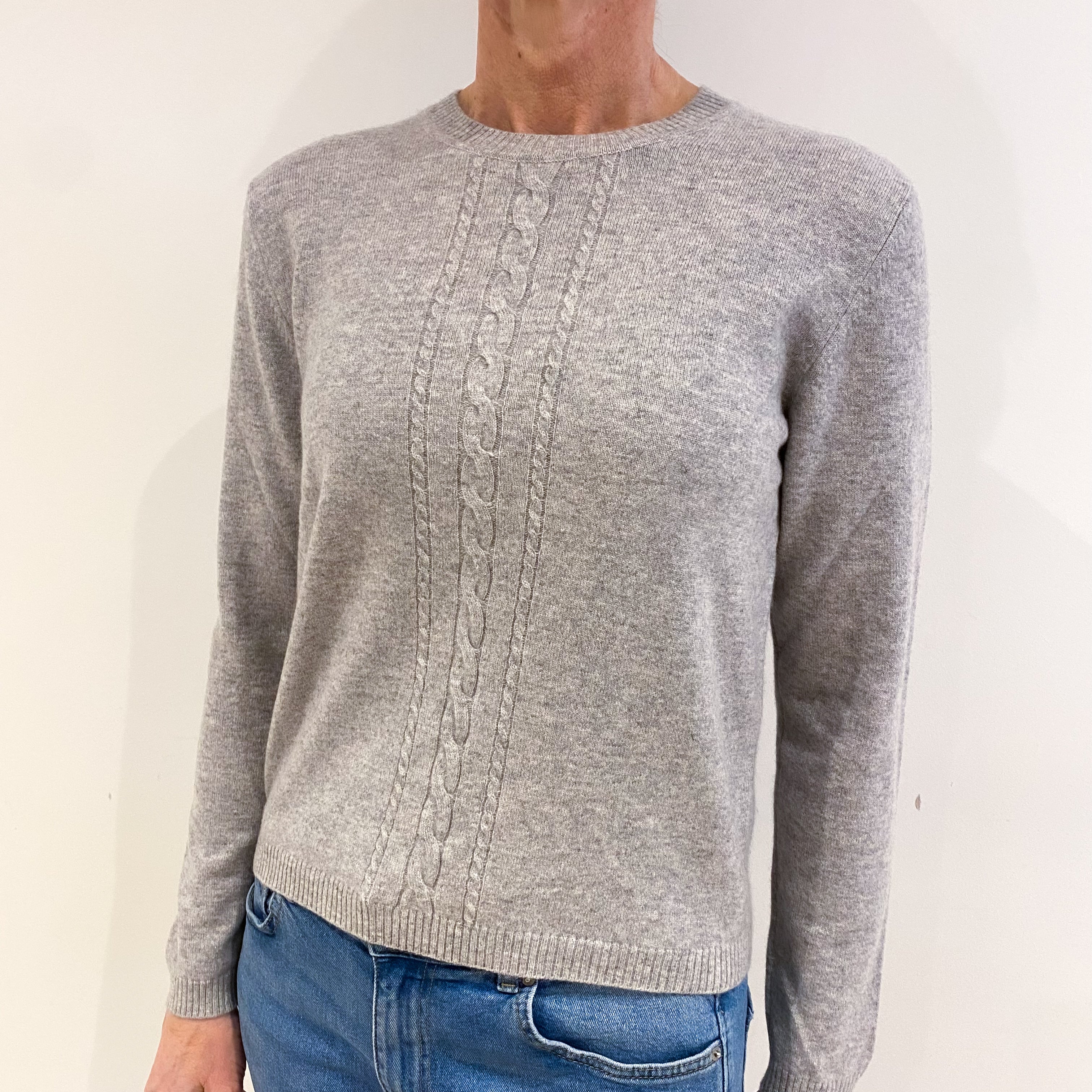 Smoke Grey Cable Detail Cashmere Crew Neck Jumper Small