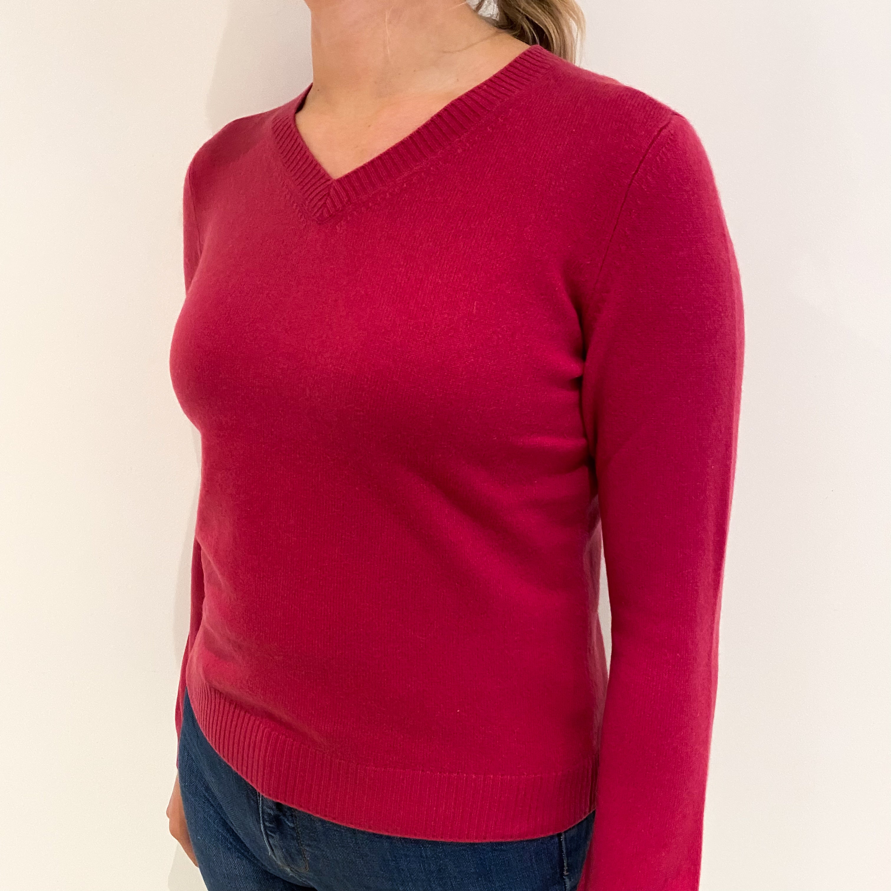 Raspberry Pink Cashmere V Neck Jumper Small