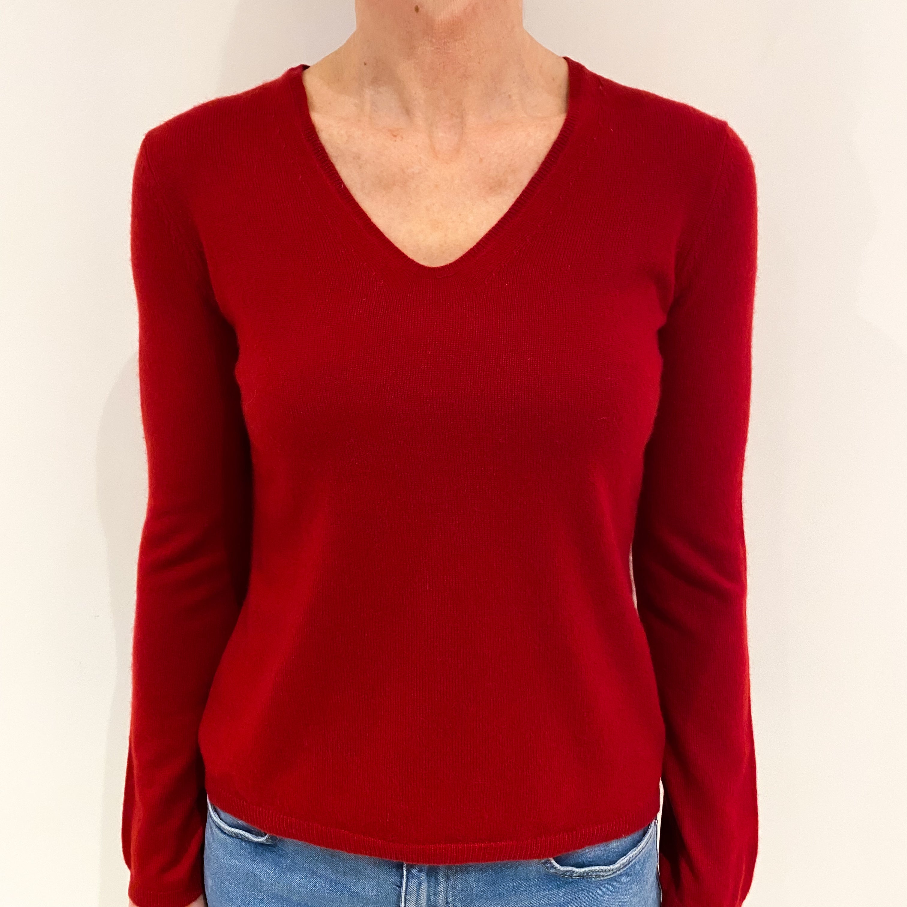 Post Box Red Cashmere V Neck Jumper Small