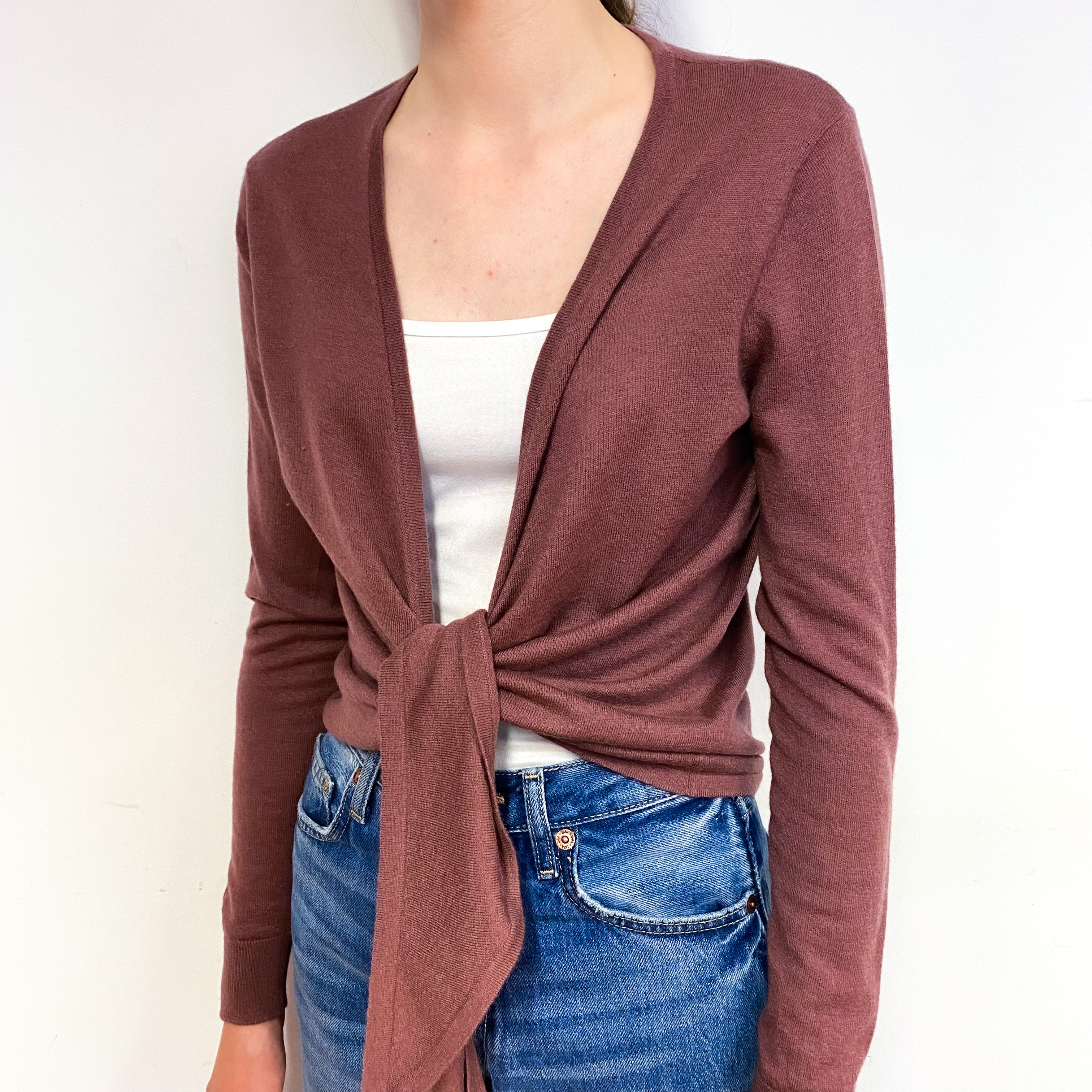 Deep Heather Pink Cashmere Tie Front Cardigan Extra Small
