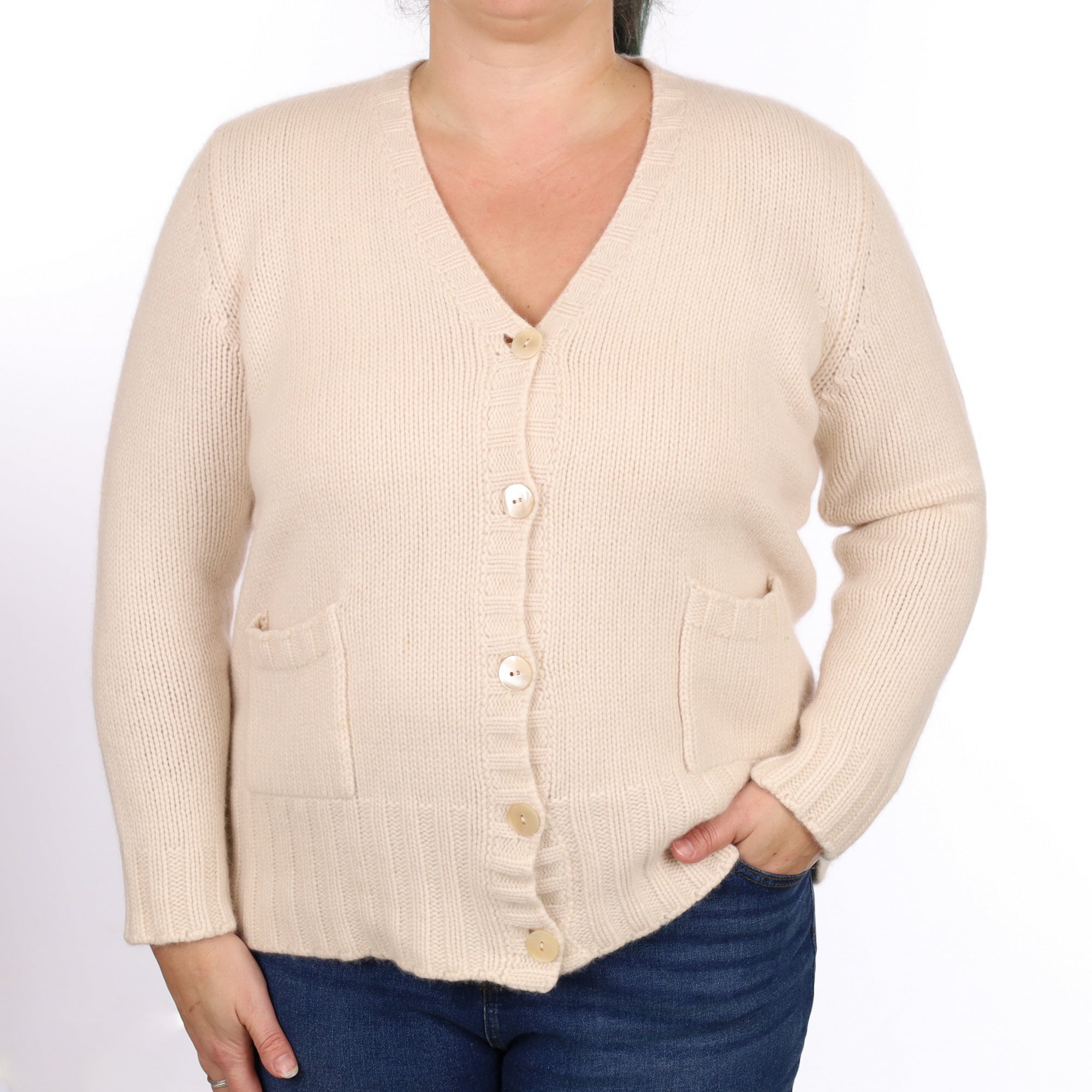 Ivory Cashmere Chunky V Neck Cardigan with Pockets Large