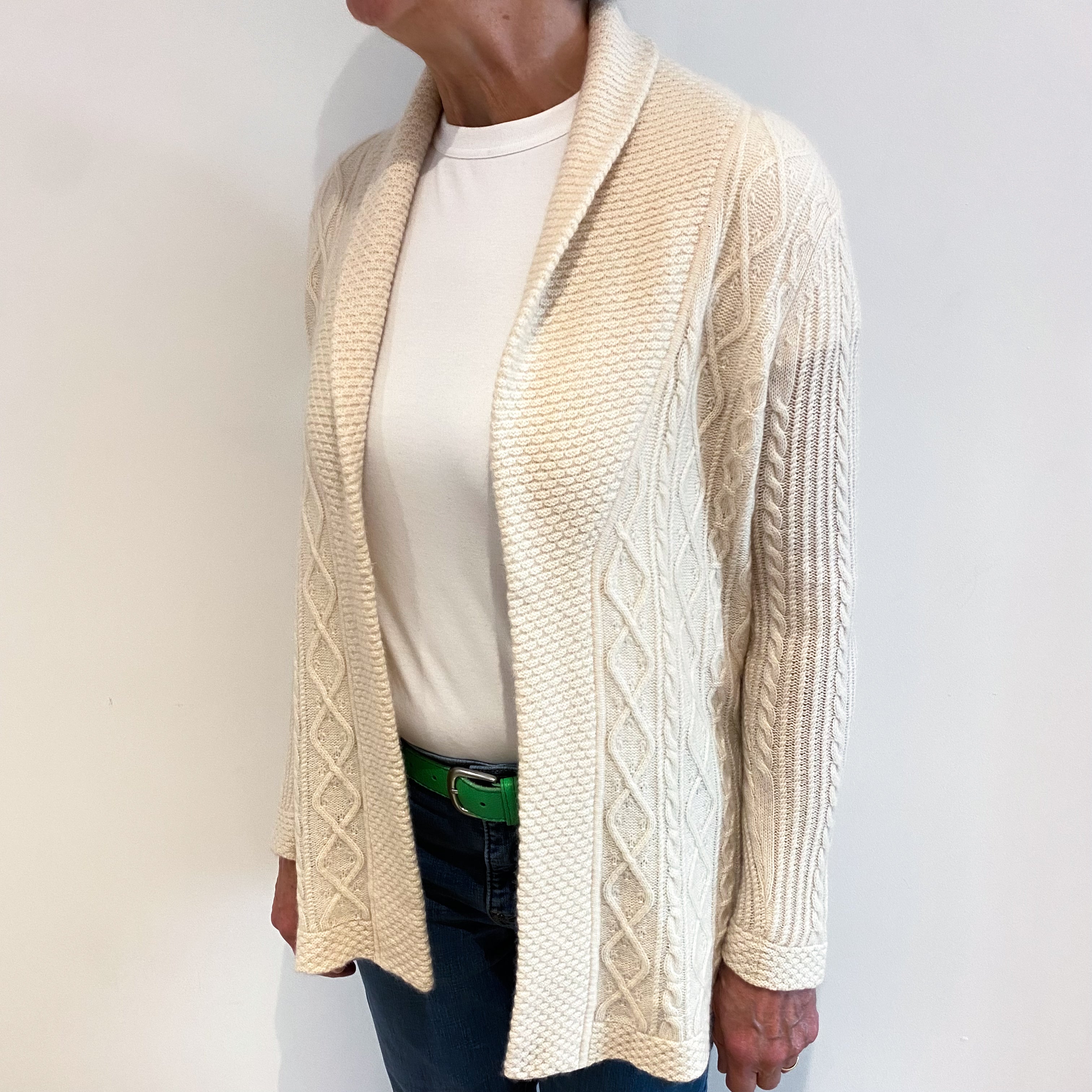 Ivory Textured Cashmere Edge to Edge Cardigan Medium