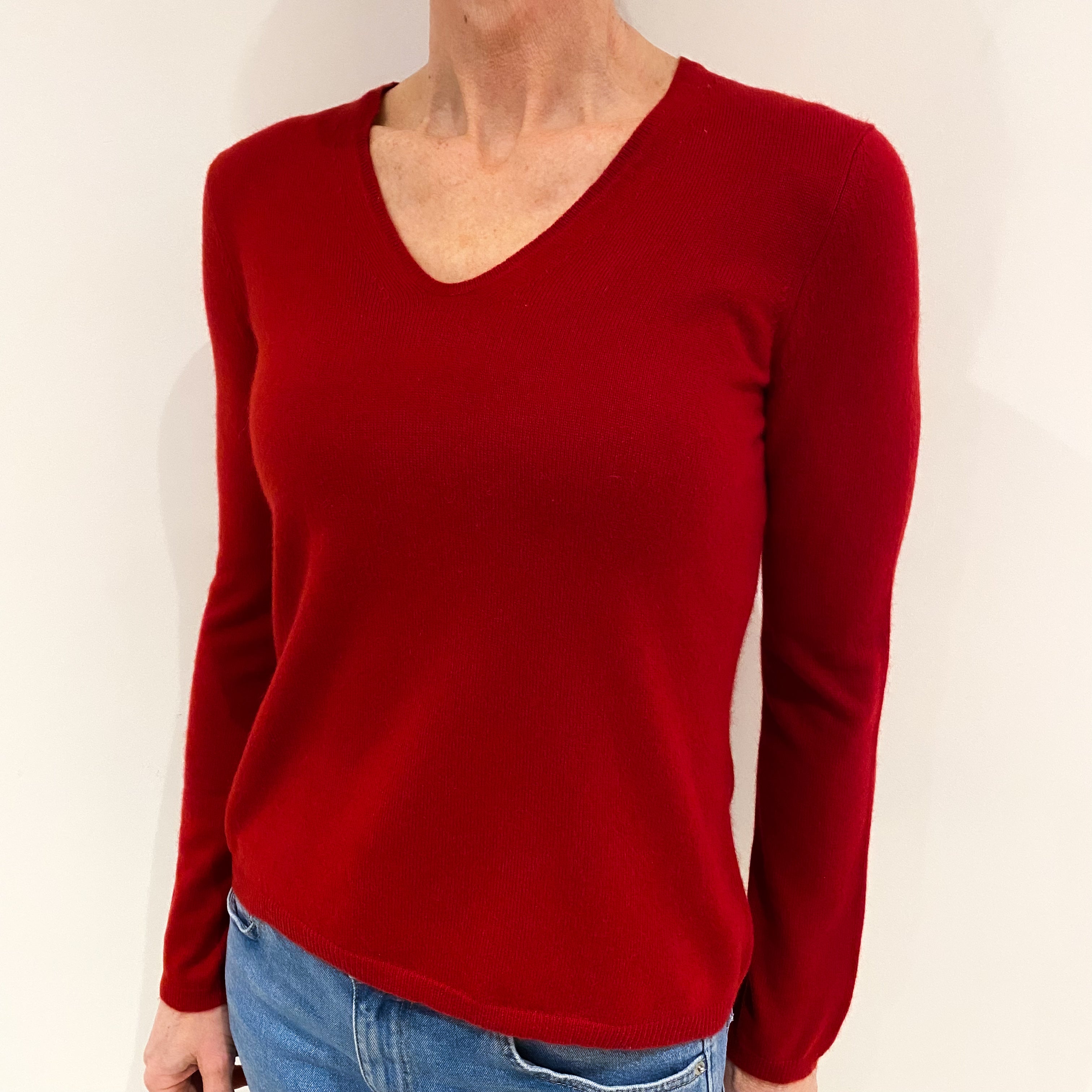 Post Box Red Cashmere V Neck Jumper Small