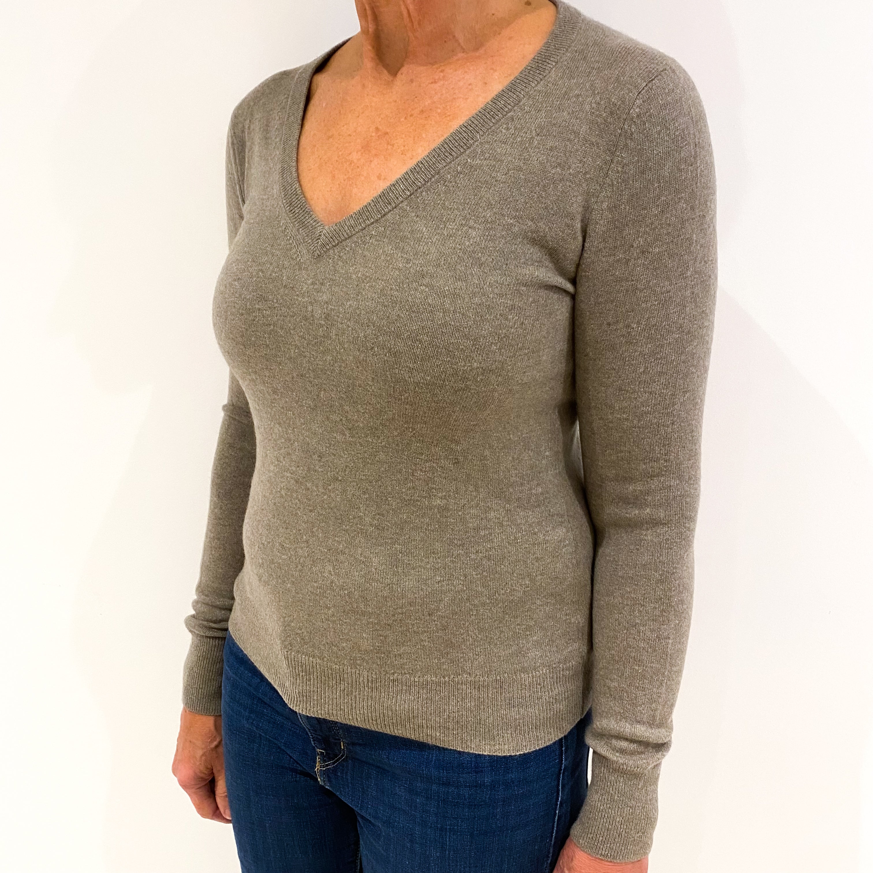 Latte Beige Cashmere V-Neck Jumper Medium Slim Fit