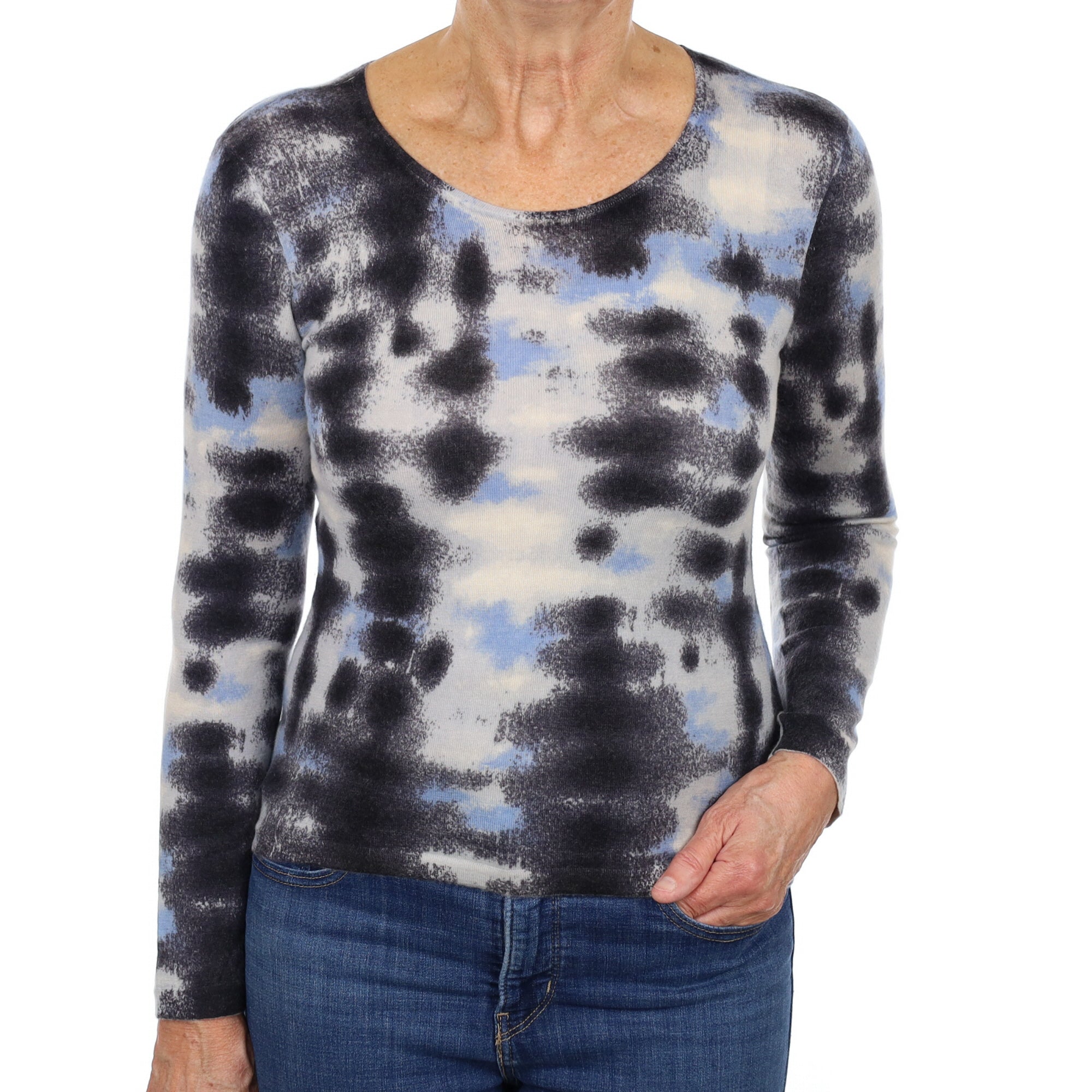 Charcoal and Blue Patterned Cashmere Crew Neck Jumper Medium