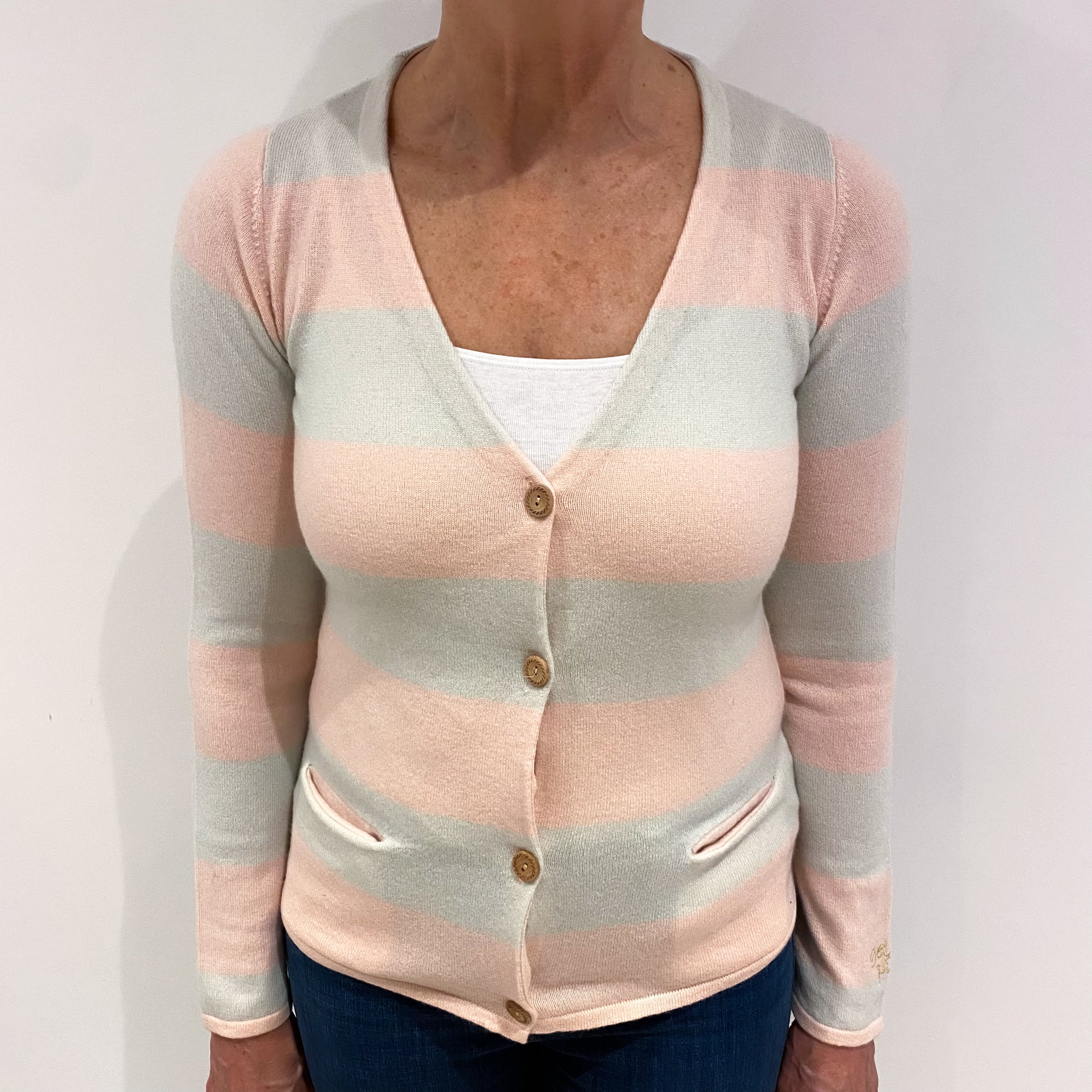 Shell Pink and Palest Mint Stripe Cashmere V Neck Cardigan Medium