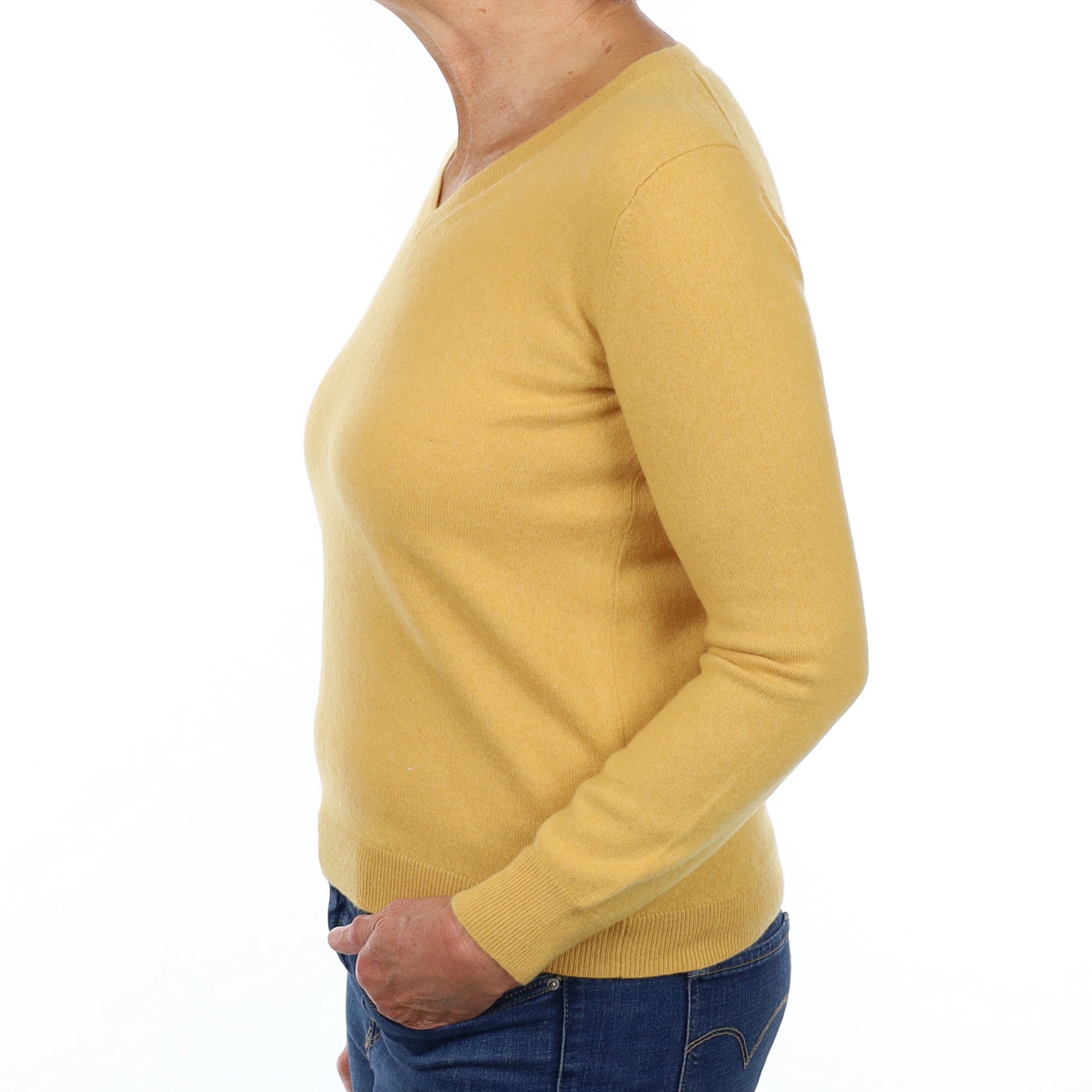 Flaxen Yellow Cashmere V Neck Jumper Medium