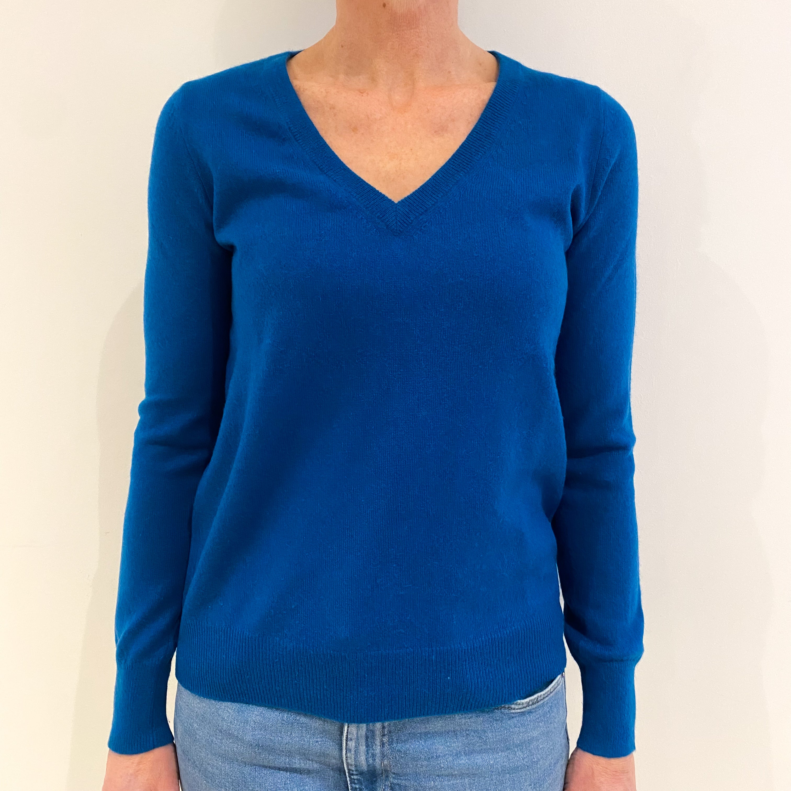 Teal Blue Cashmere V Neck Jumper Small