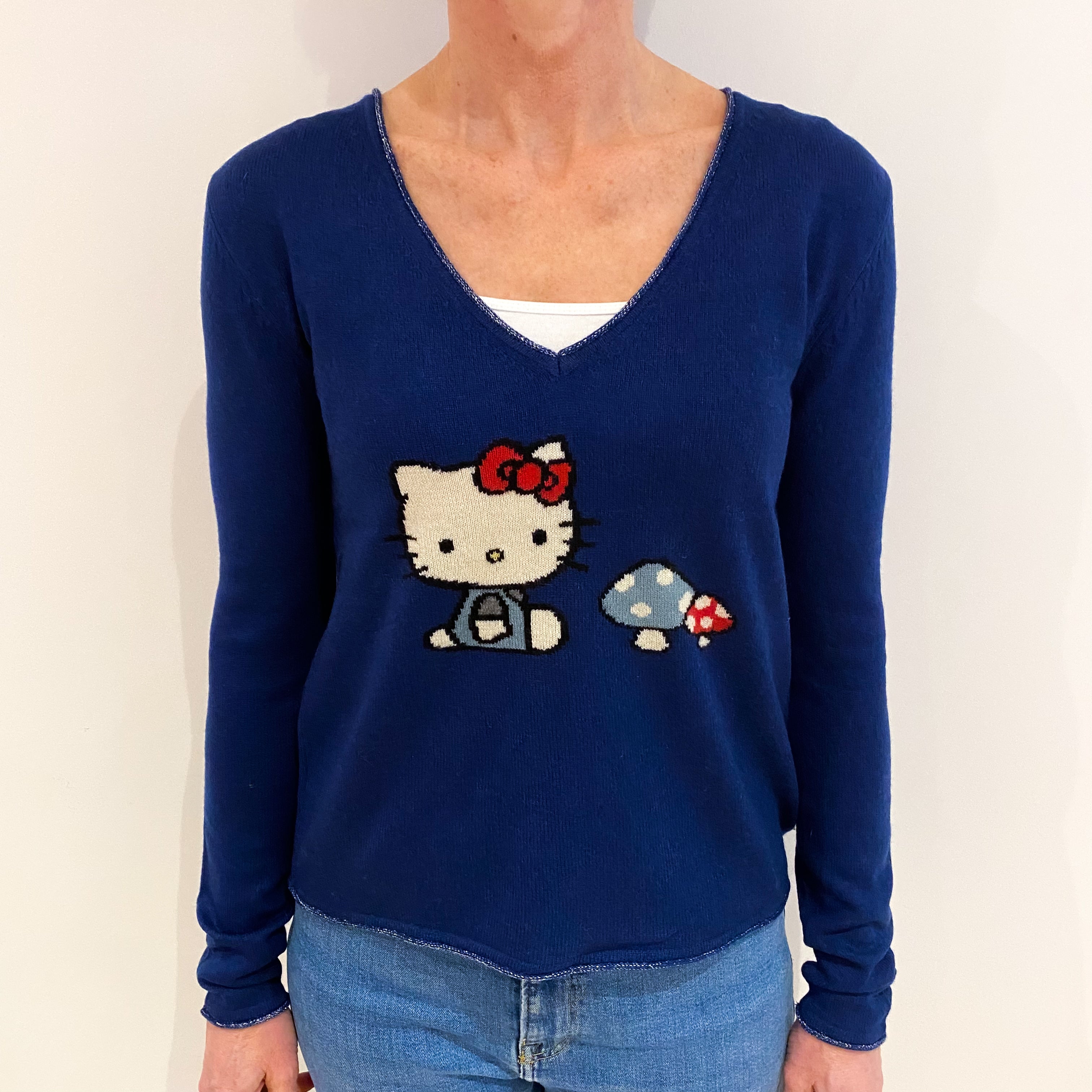 French Navy ‘Hello Kitty’ Design Cashmere V Neck Jumper Small