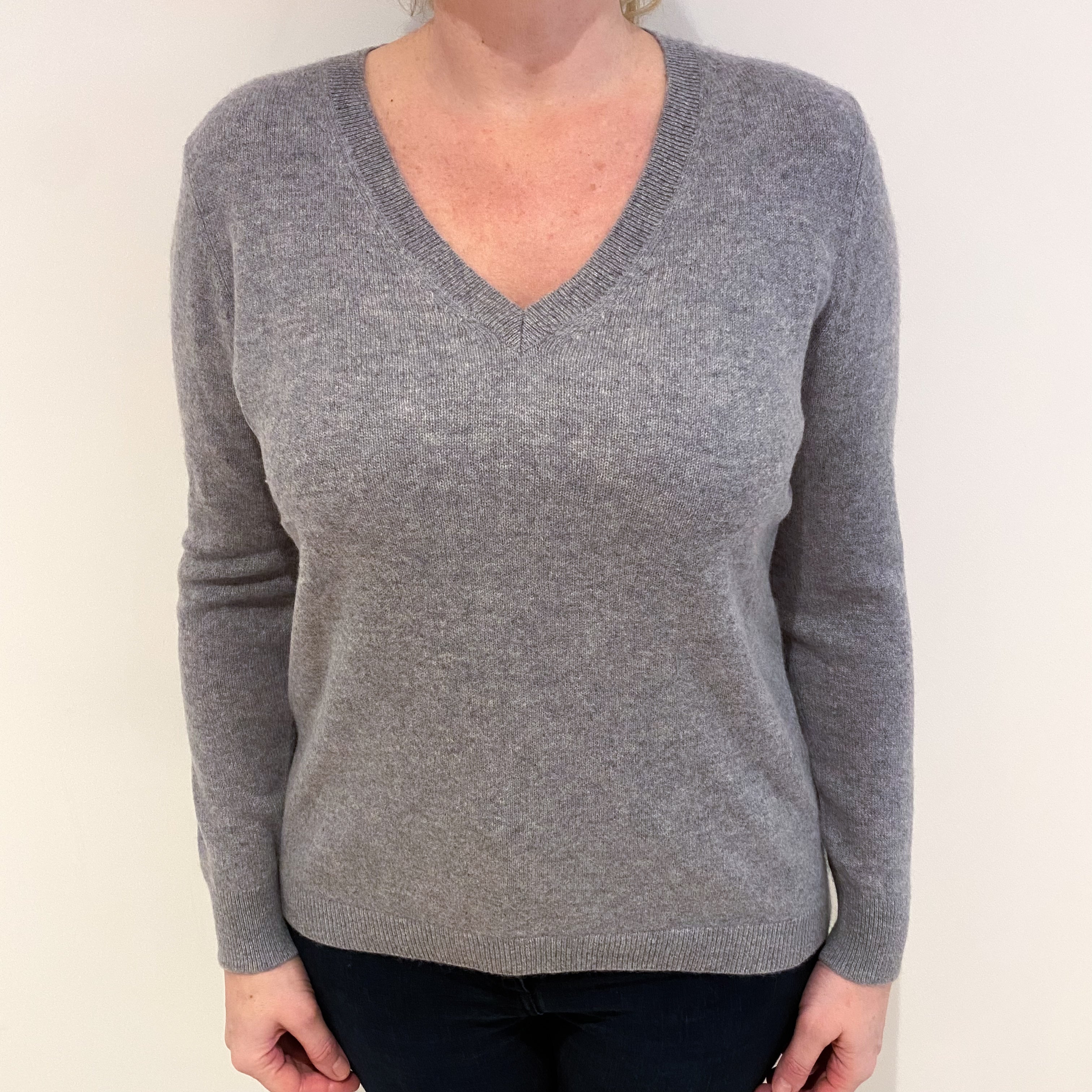 Smoke Grey Cashmere V Neck Jumper Large