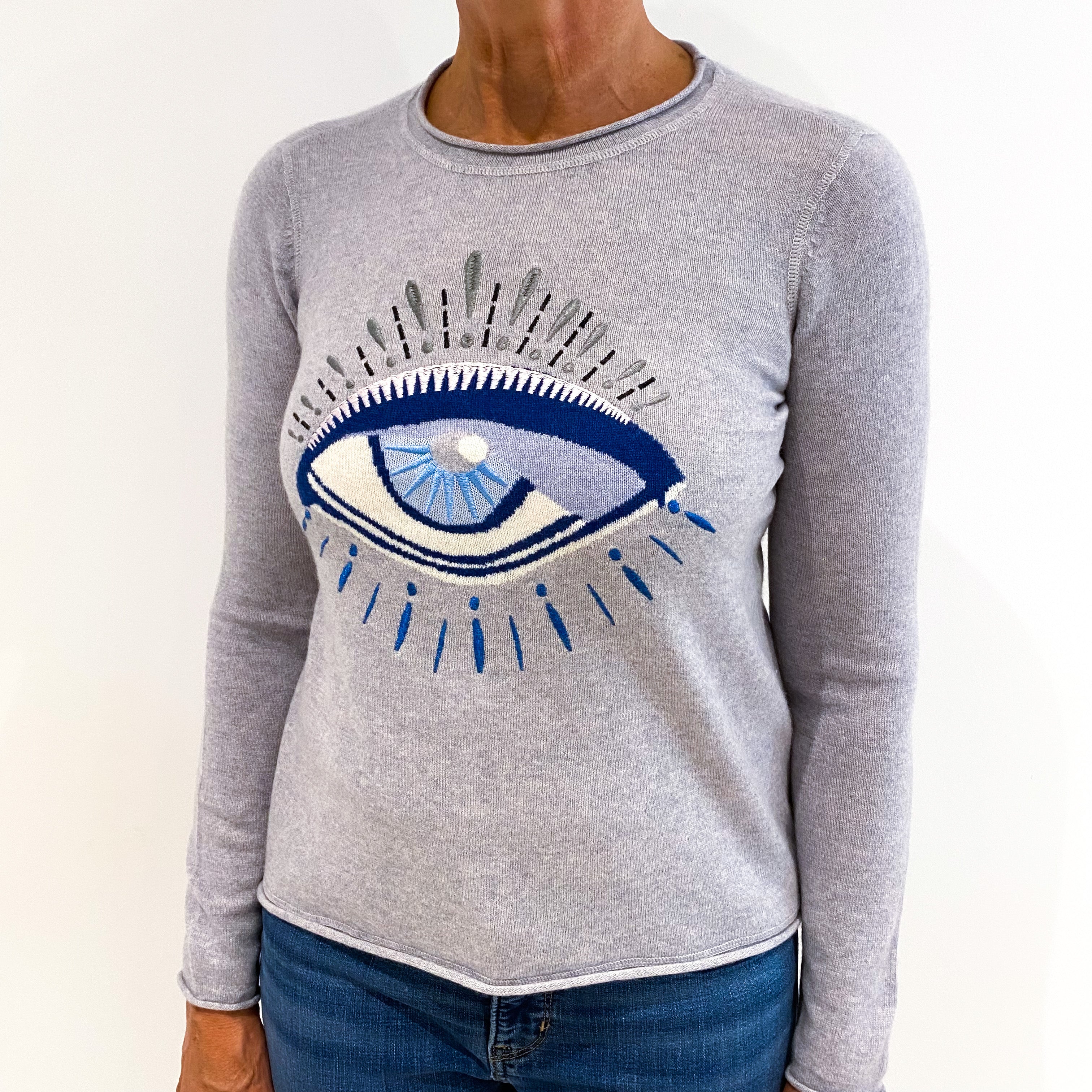 Smoke Grey Embroidered ‘Eye’ Design Cashmere Crew Neck Jumper Medium