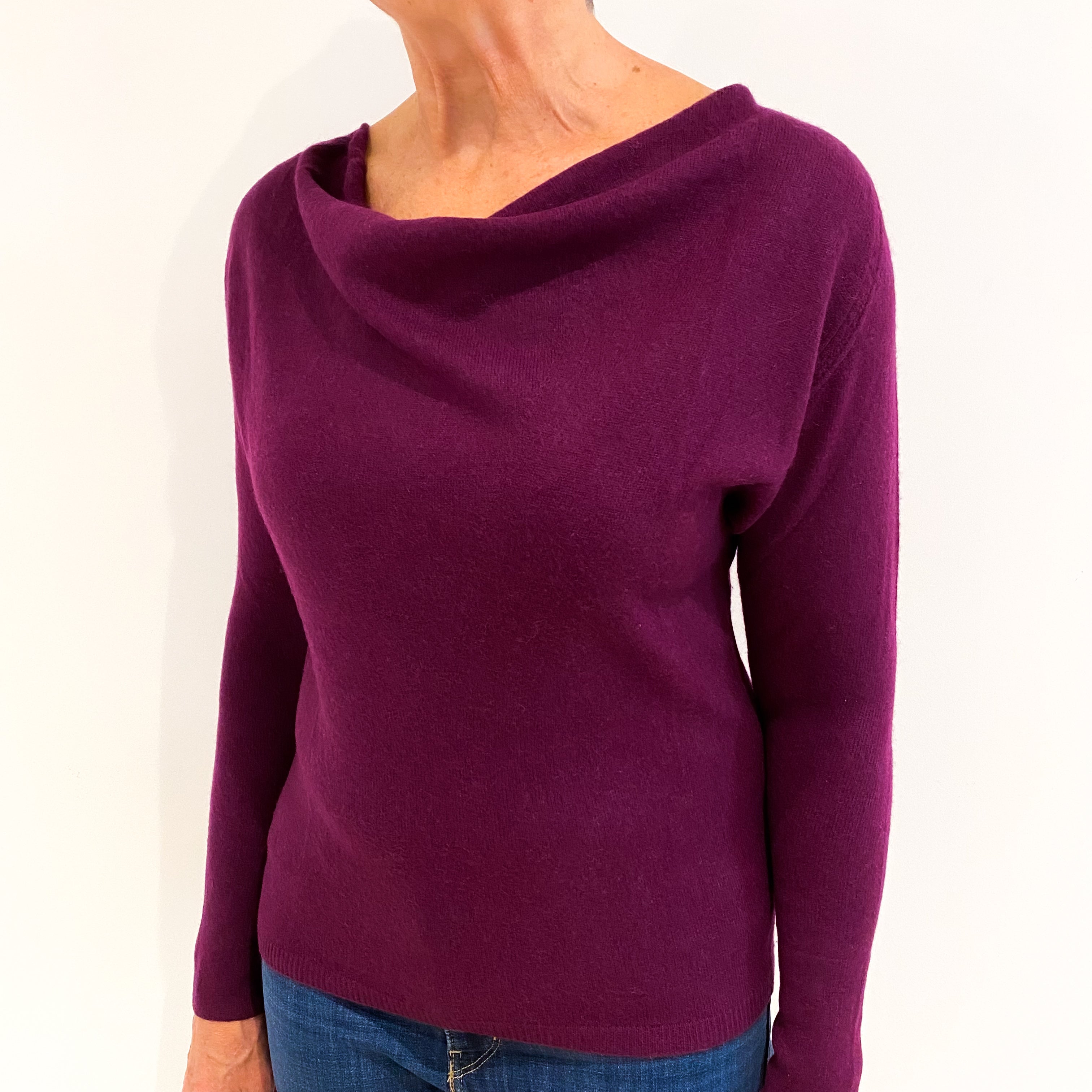 Plum Purple Cashmere Drape Neck Jumper Medium
