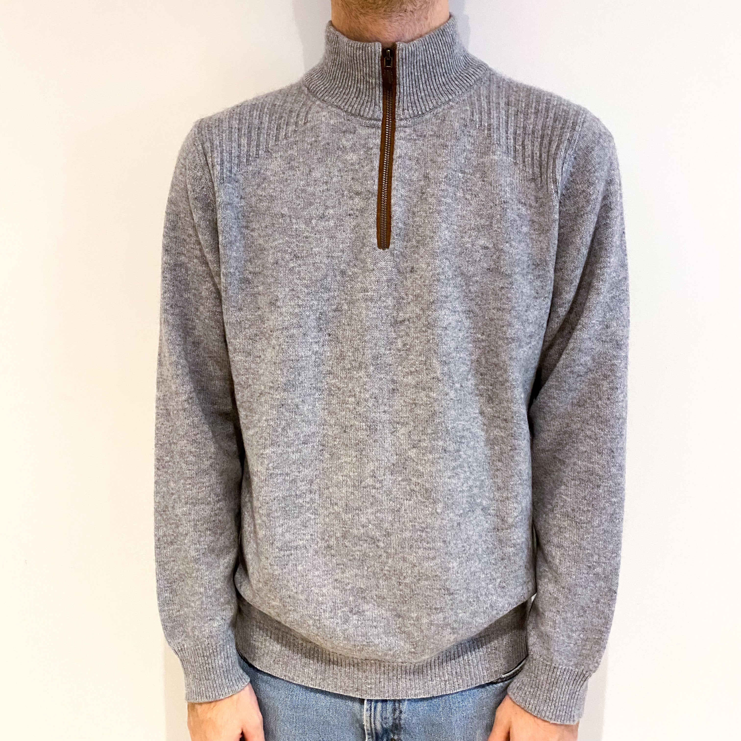 Men's Ash Grey Cashmere 3/4 Zip Up V Neck Jumper Large