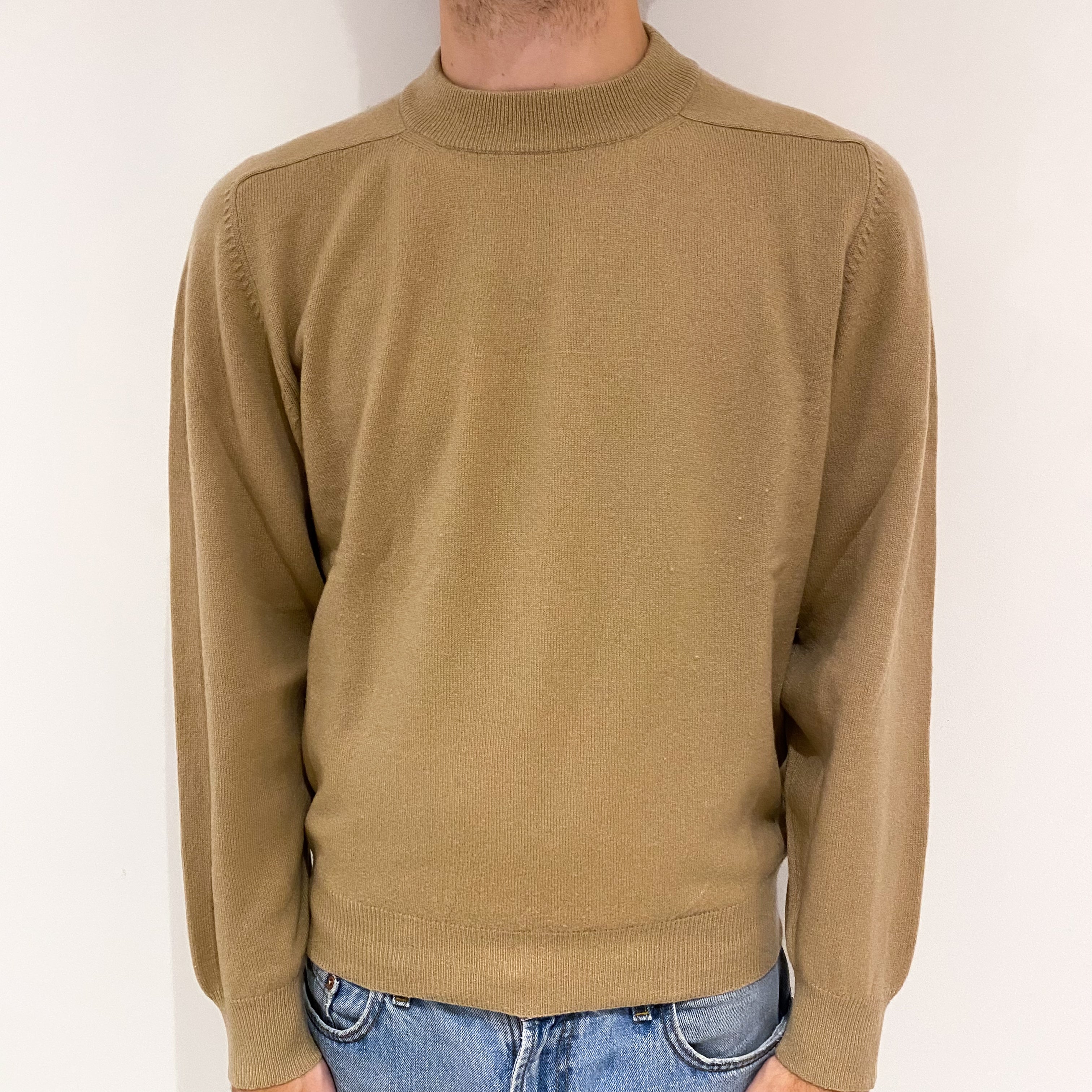 Men's Camel Brown Cashmere Turtle Neck Jumper Large